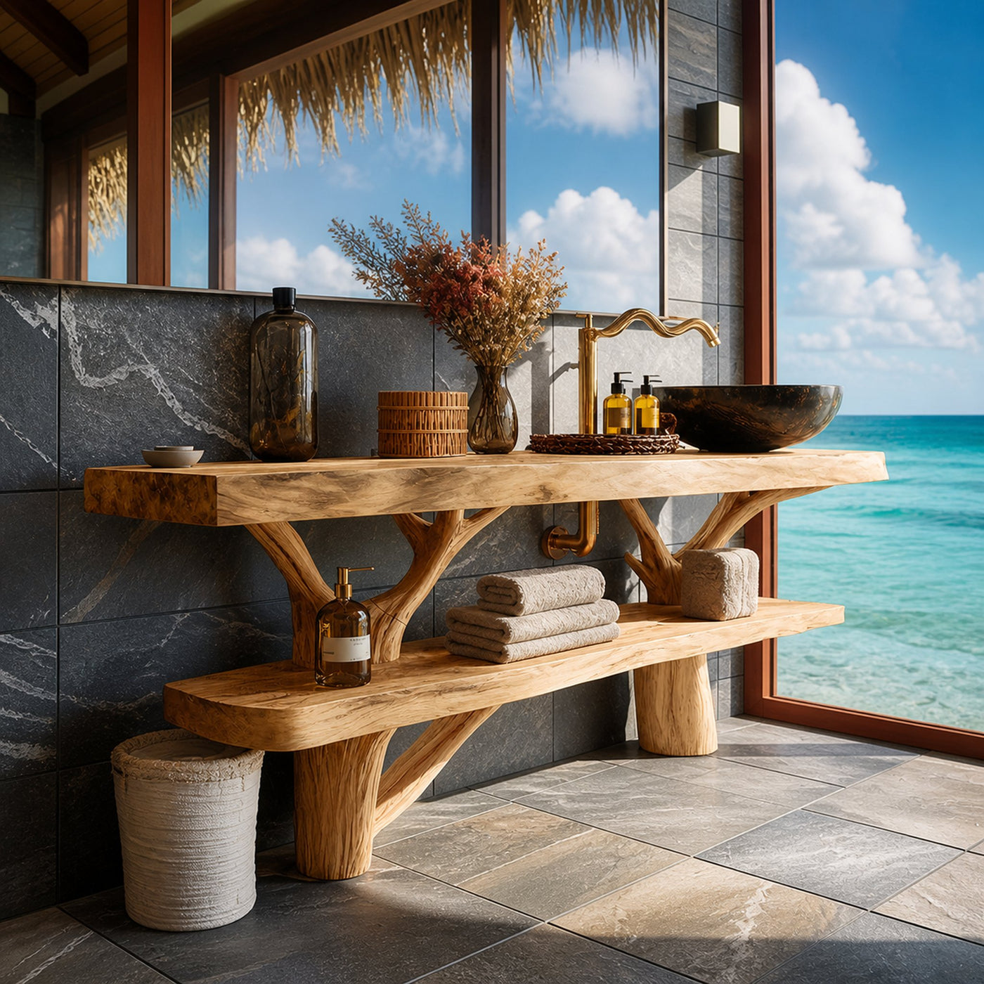 Mid Century Wooden Live Edge Bathroom Vanity For Elegant Bathroom Decor - product view 5