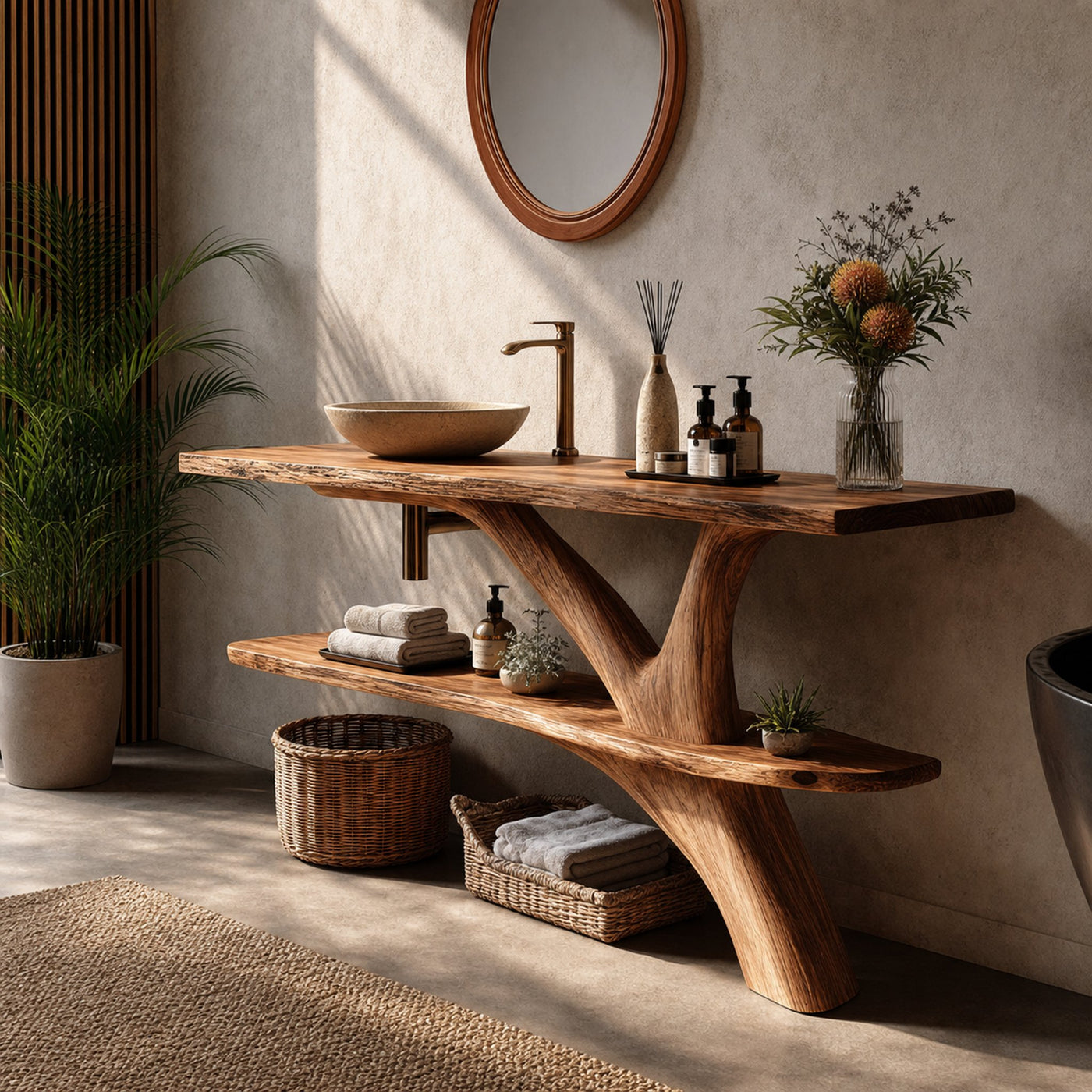 Mid Century Wooden Live Edge Bathroom Vanity For Luxury Home Decor