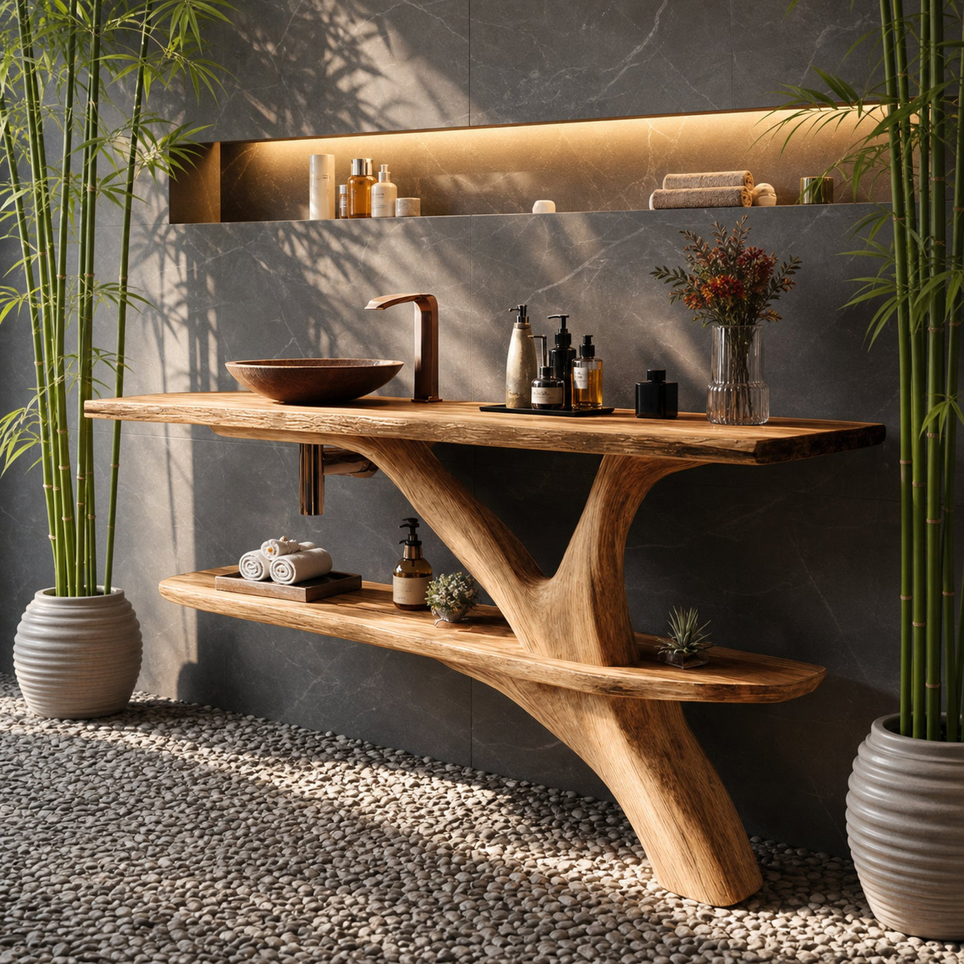 Mid Century Wooden Live Edge Bathroom Vanity For Luxury Home Decor - product view 5