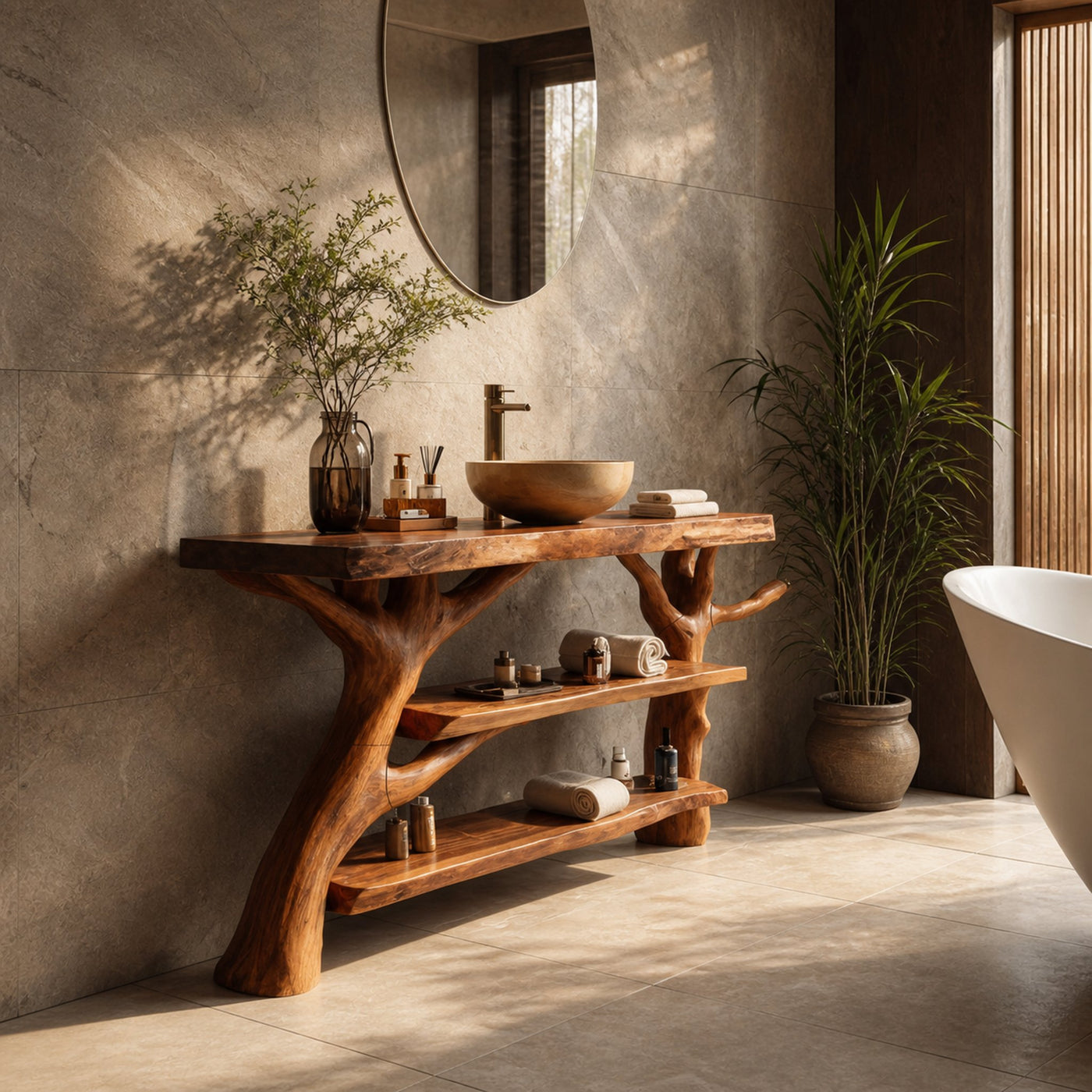 Mid Century Wooden Live Edge Bathroom Vanity For Stylish Home Furniture