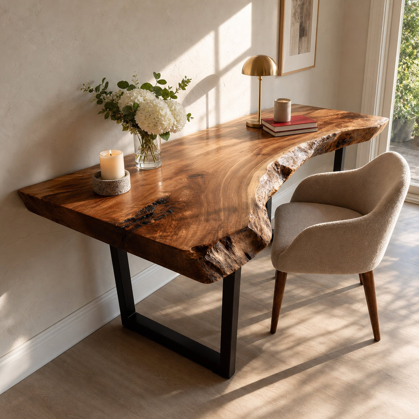 Mid Century Wooden Live Edge Desk For Living Room Decor