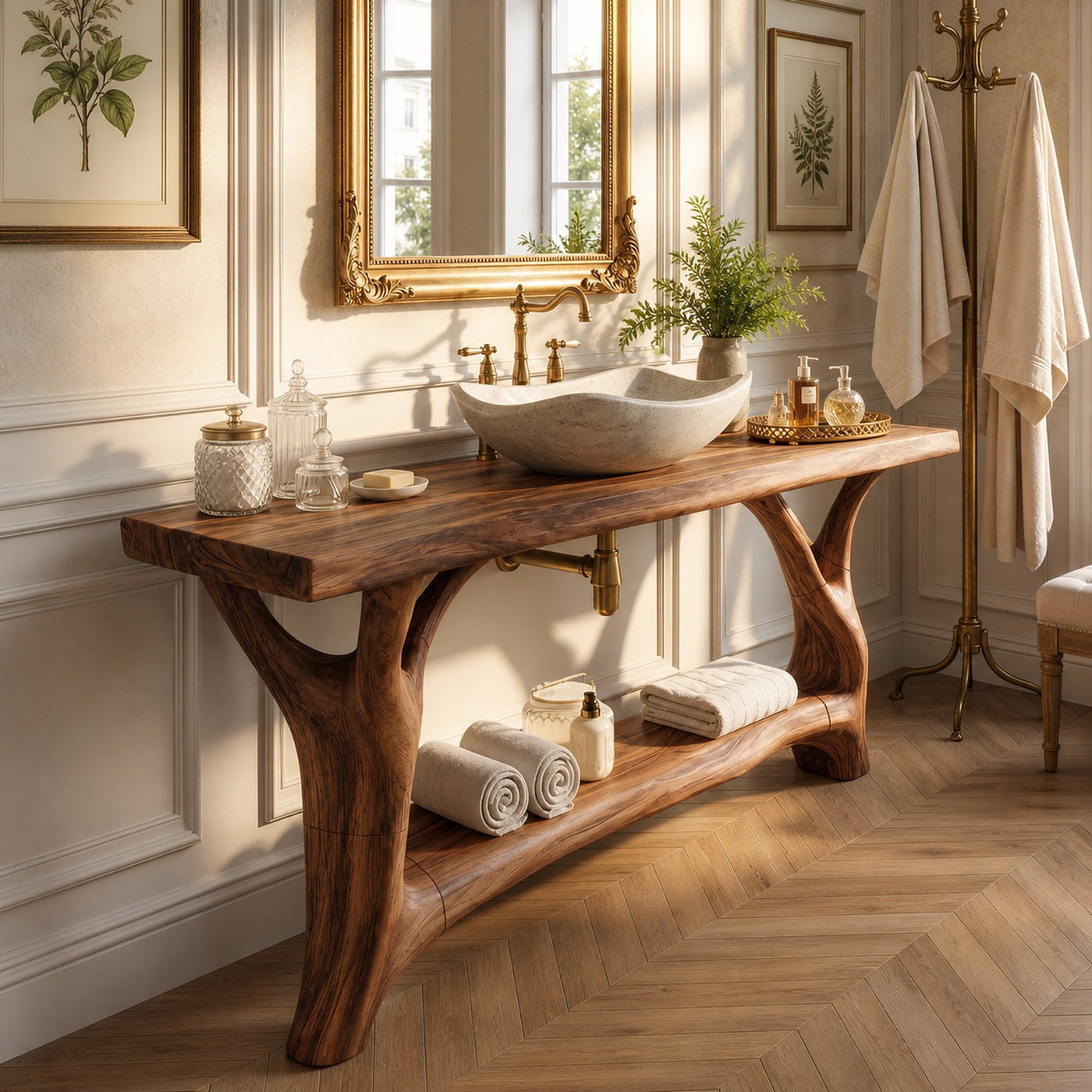 Mid Century Wooden Vanity For Double Sink Bathroom