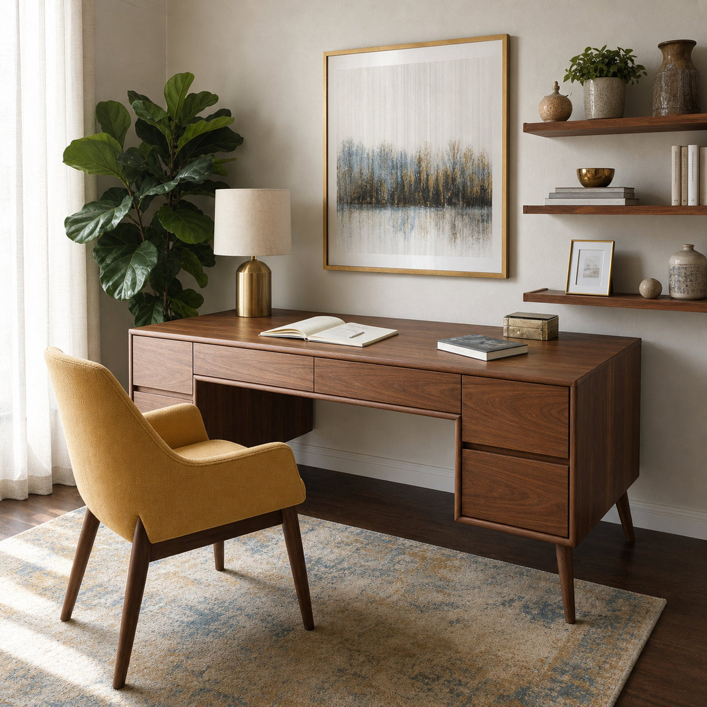 Mid Century Writing Desk With Drawers For Home Office