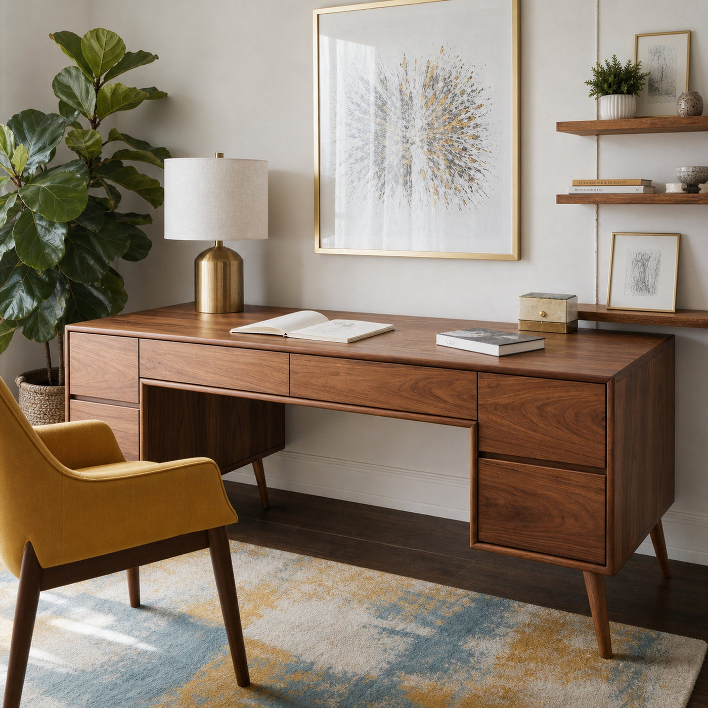 Mid Century Writing Desk With Drawers For Home Office - product view 2