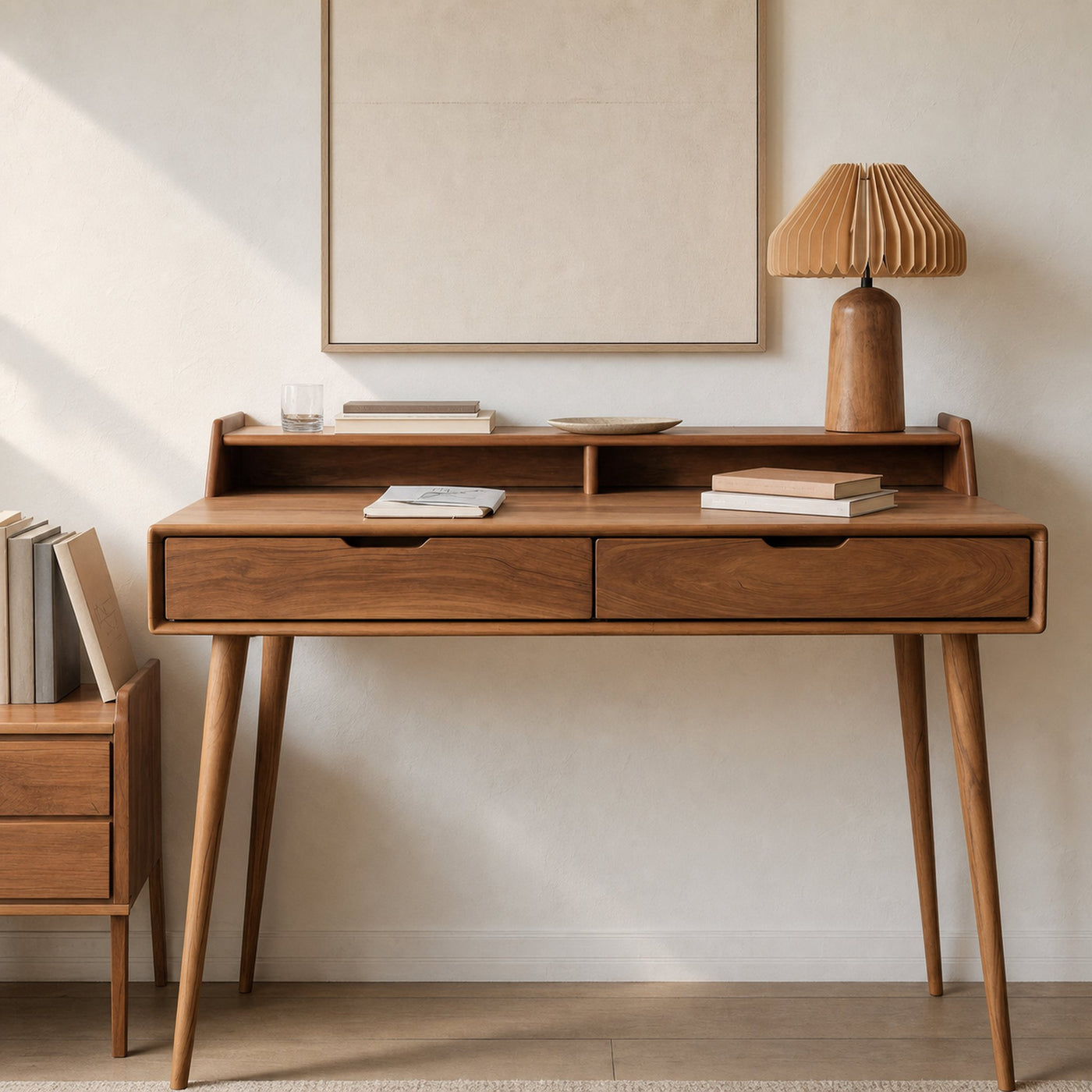 Mid Century Writing Desk With Drawers For Home Office Or Living Room