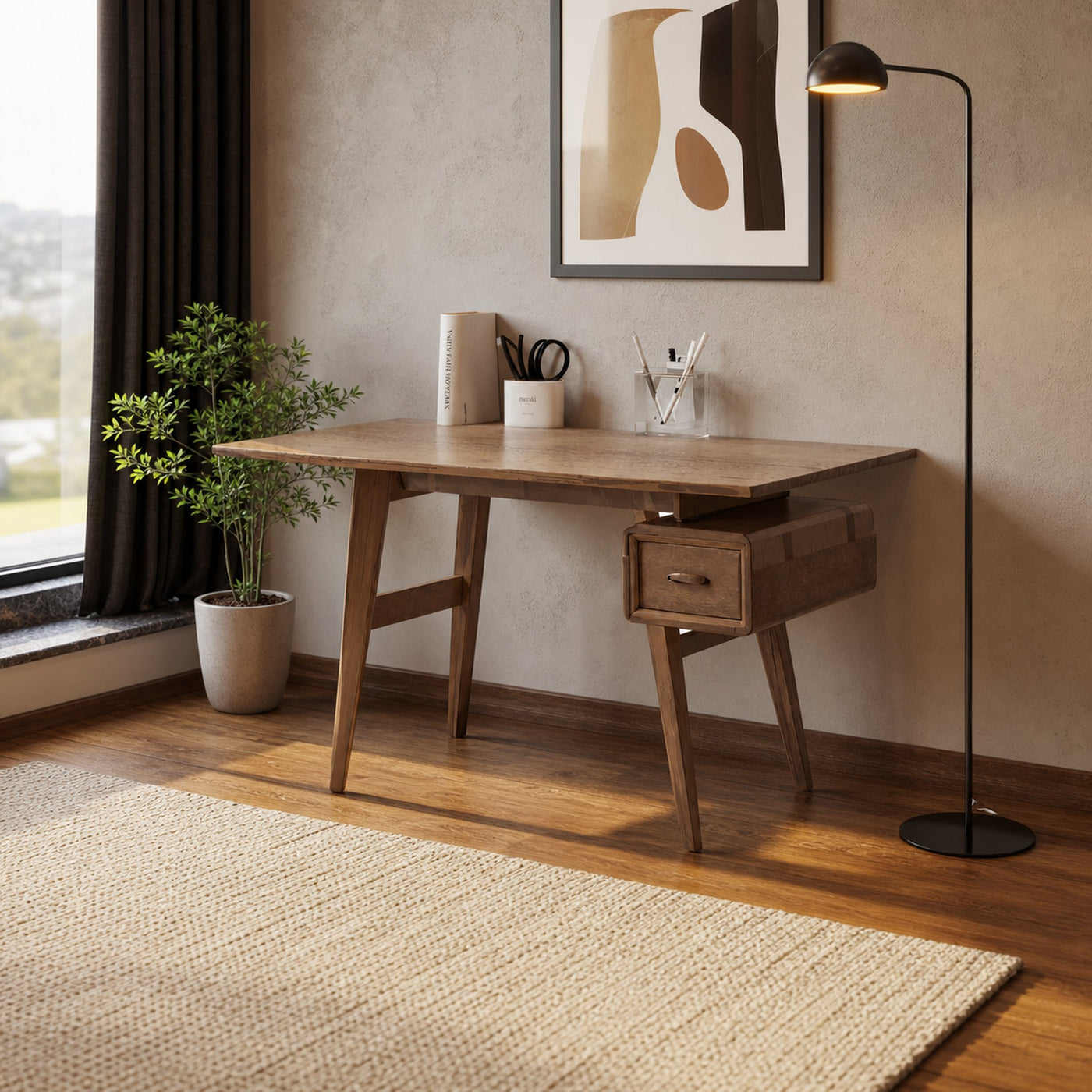 Mid-Century Desk With Drawer For Home Office Space