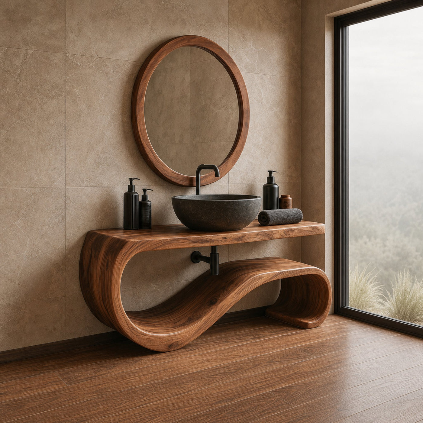 Midcentury Solid Wood Vanity Powder Room