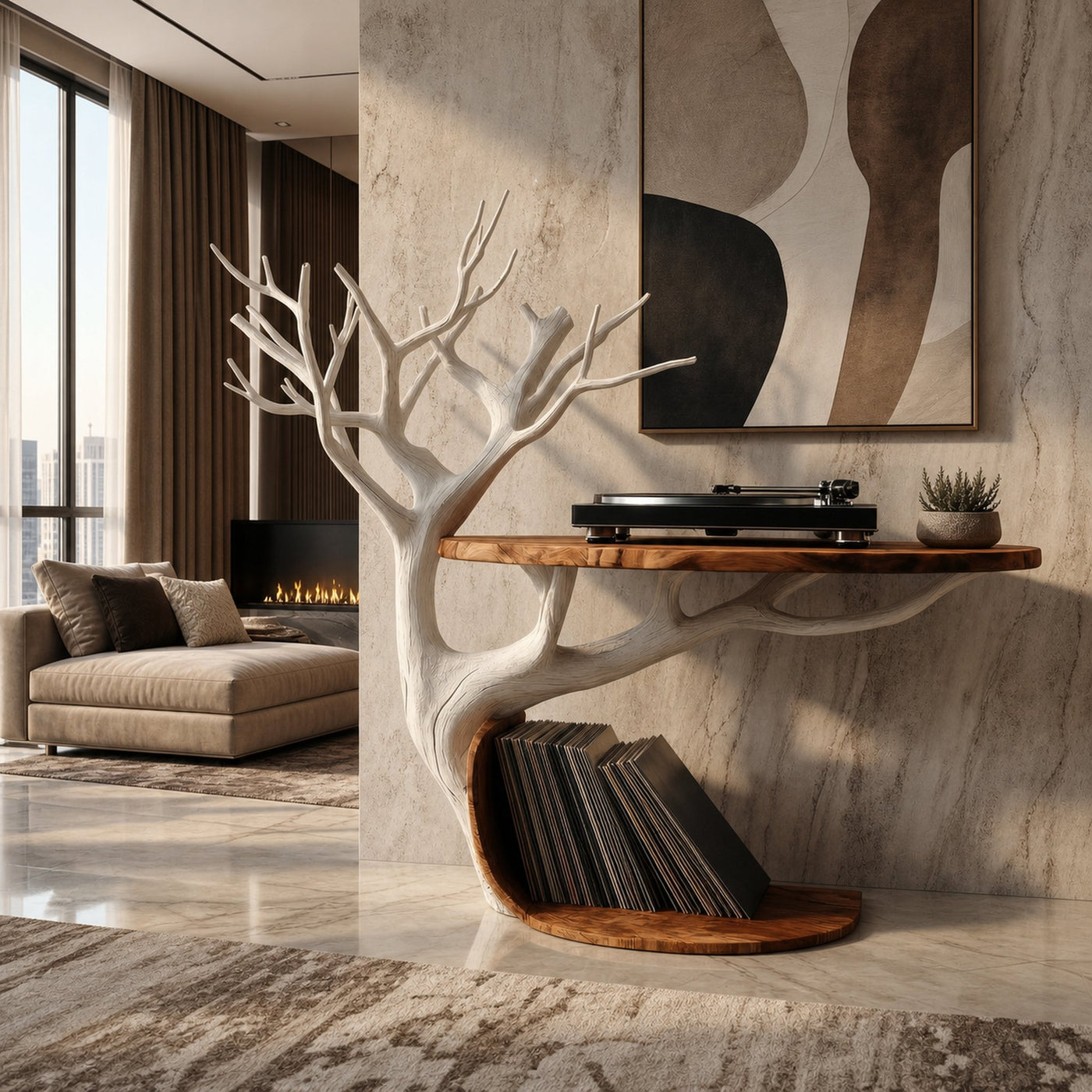 Midcentury Tree Branch Record Player Stand Vinyl Shelf Living Room Decor