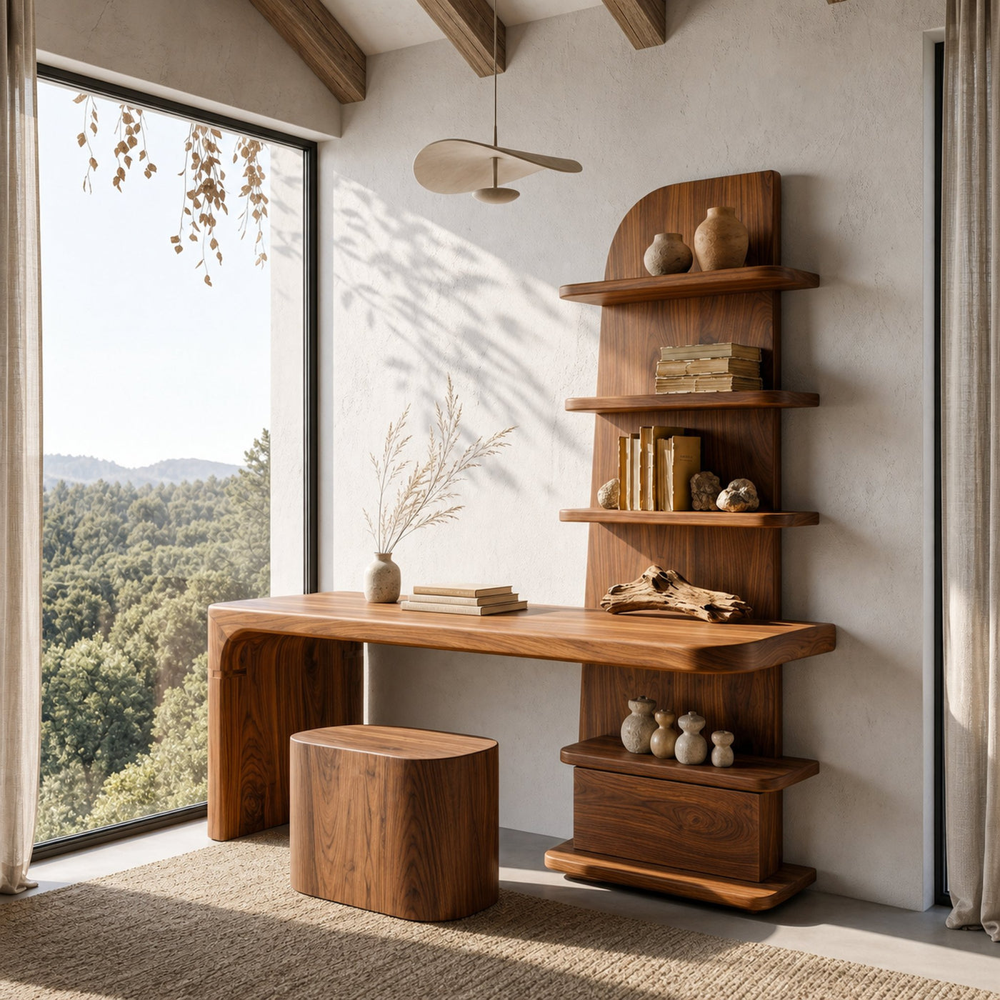 Minimal Desk With Built In Bookcase And Drawers For Study Room