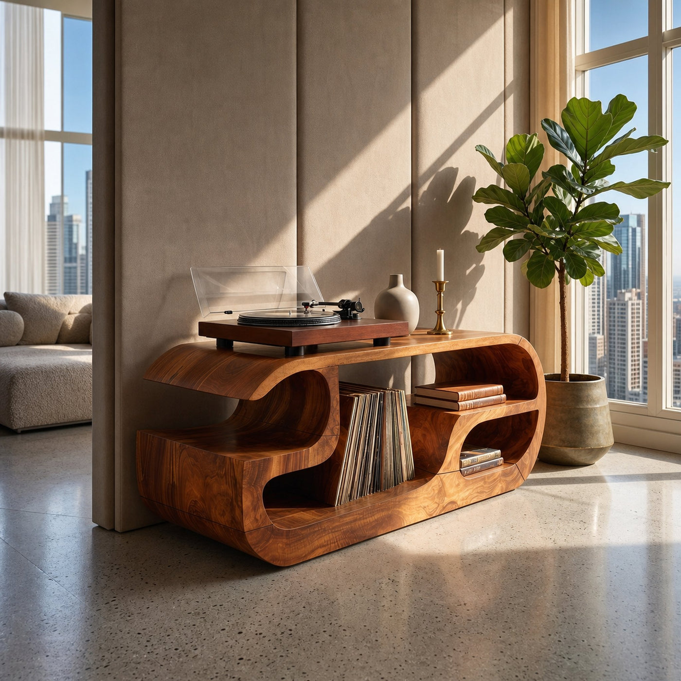 Minimalist Curved Record Player Stand City Apartment