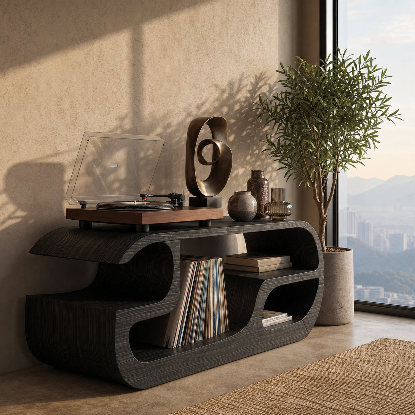 Minimalist Curved Record Player Stand City Apartment - product view 4