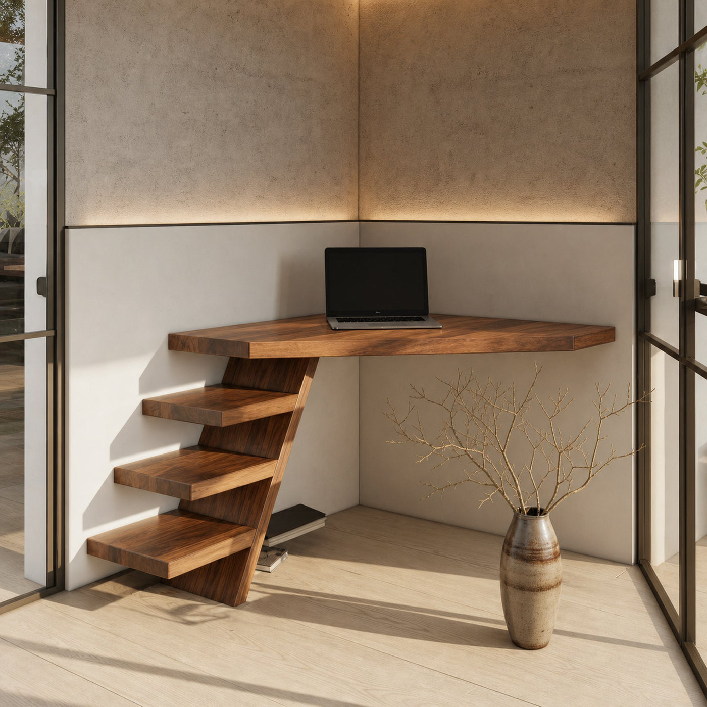 Minimalist Floating Corner Desk With Shelves For Small Home Office Workspace - product view 2