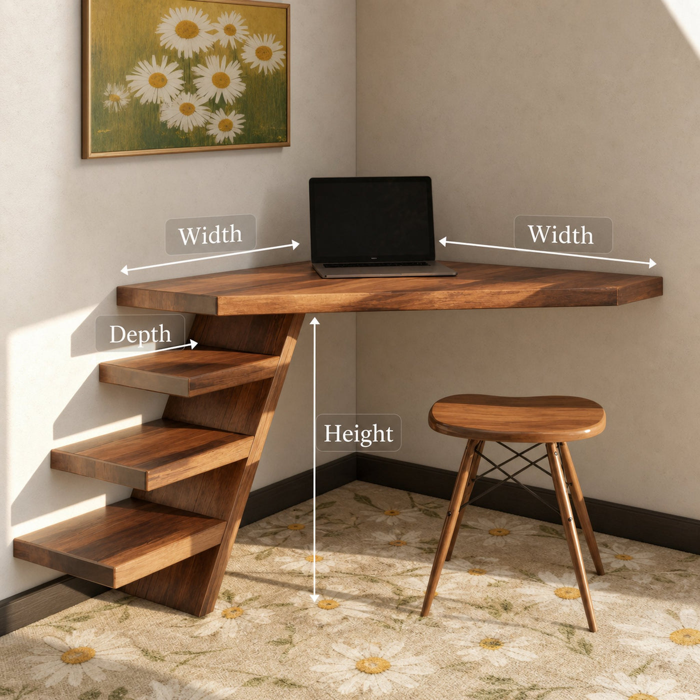 Minimalist Floating Corner Desk With Shelves For Small Home Office Workspace - product view 8