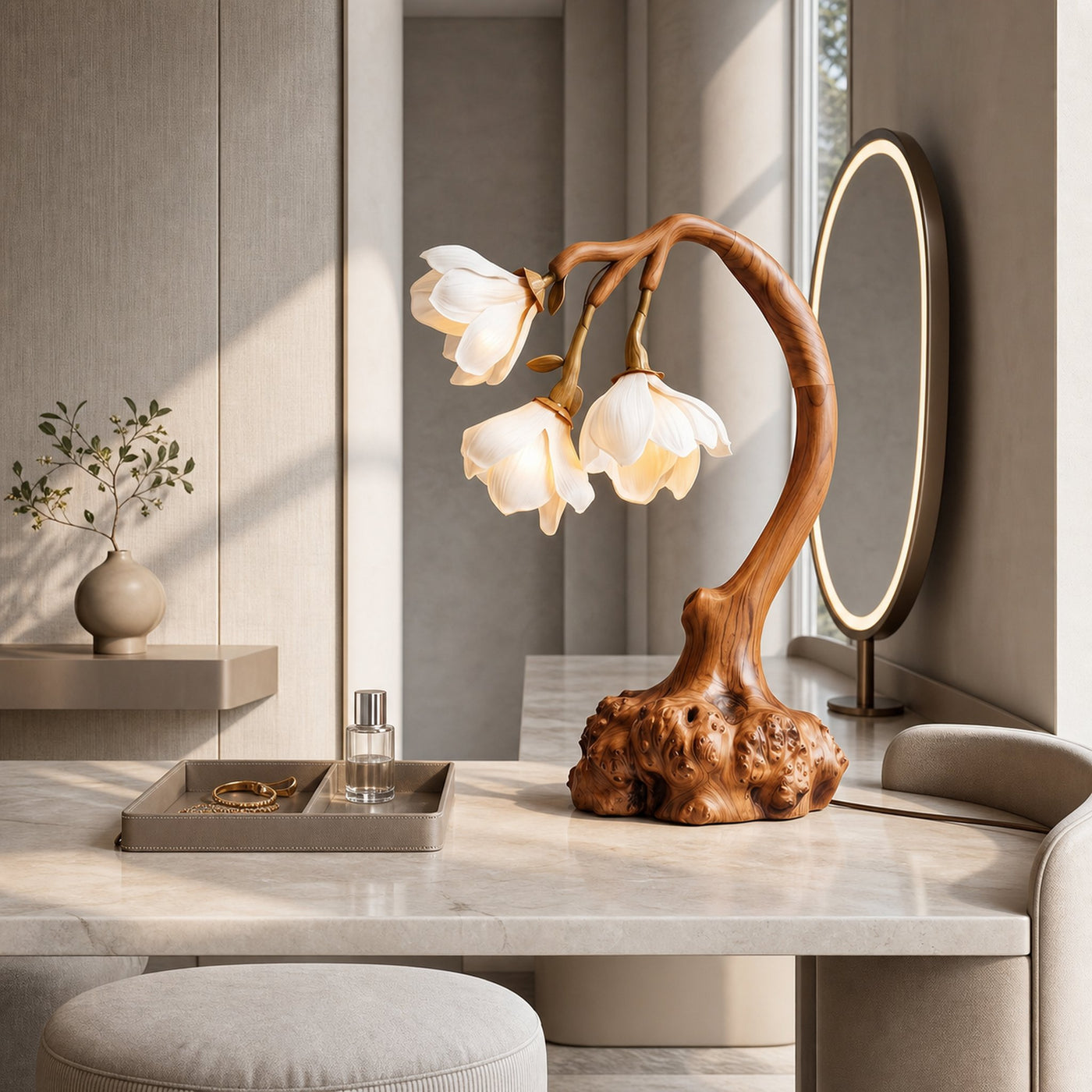 Minimalist Floral Table Lamp With Organic Wood Base For Bedroom And Living Room