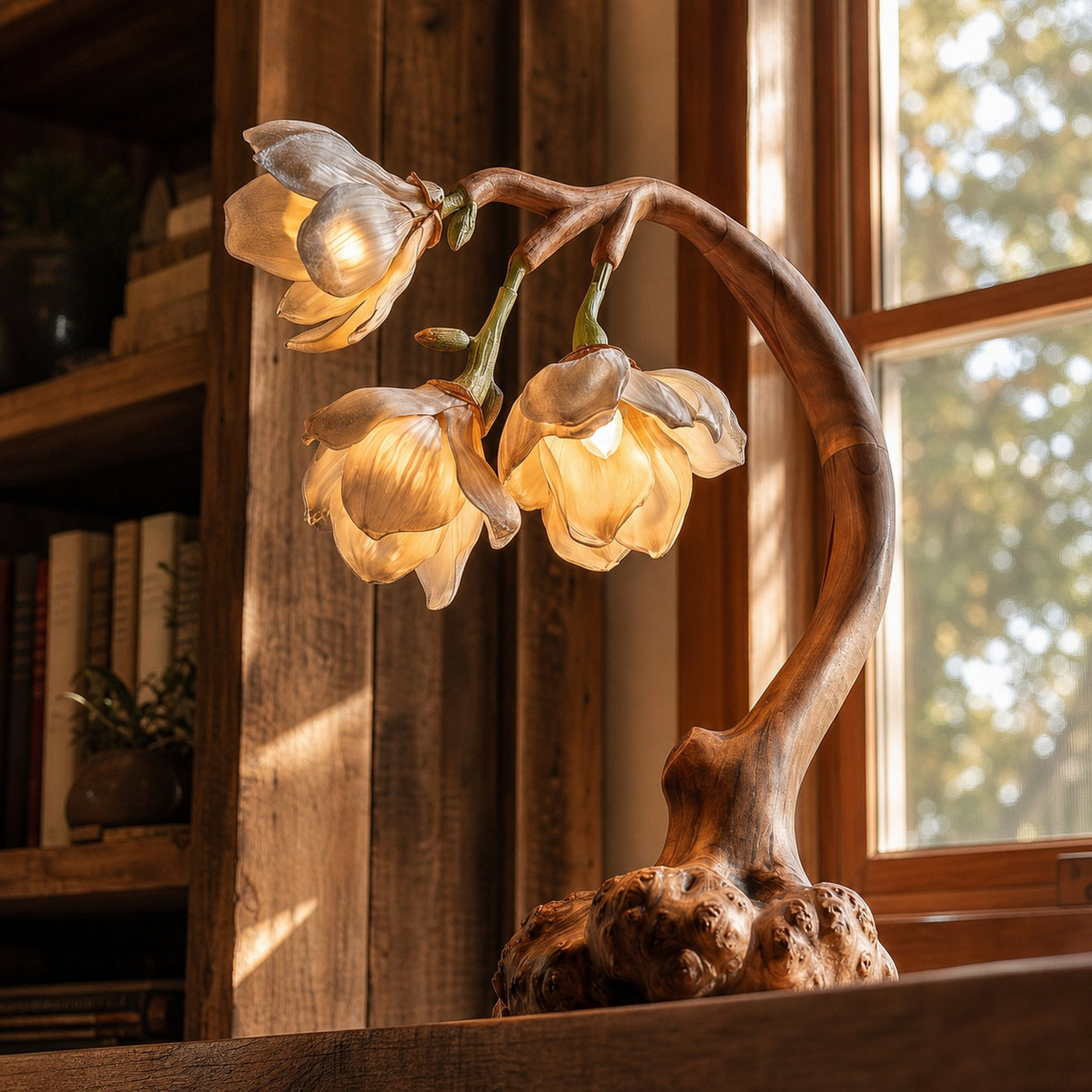 Minimalist Floral Table Lamp With Organic Wood Base For Bedroom And Living Room - product view 2