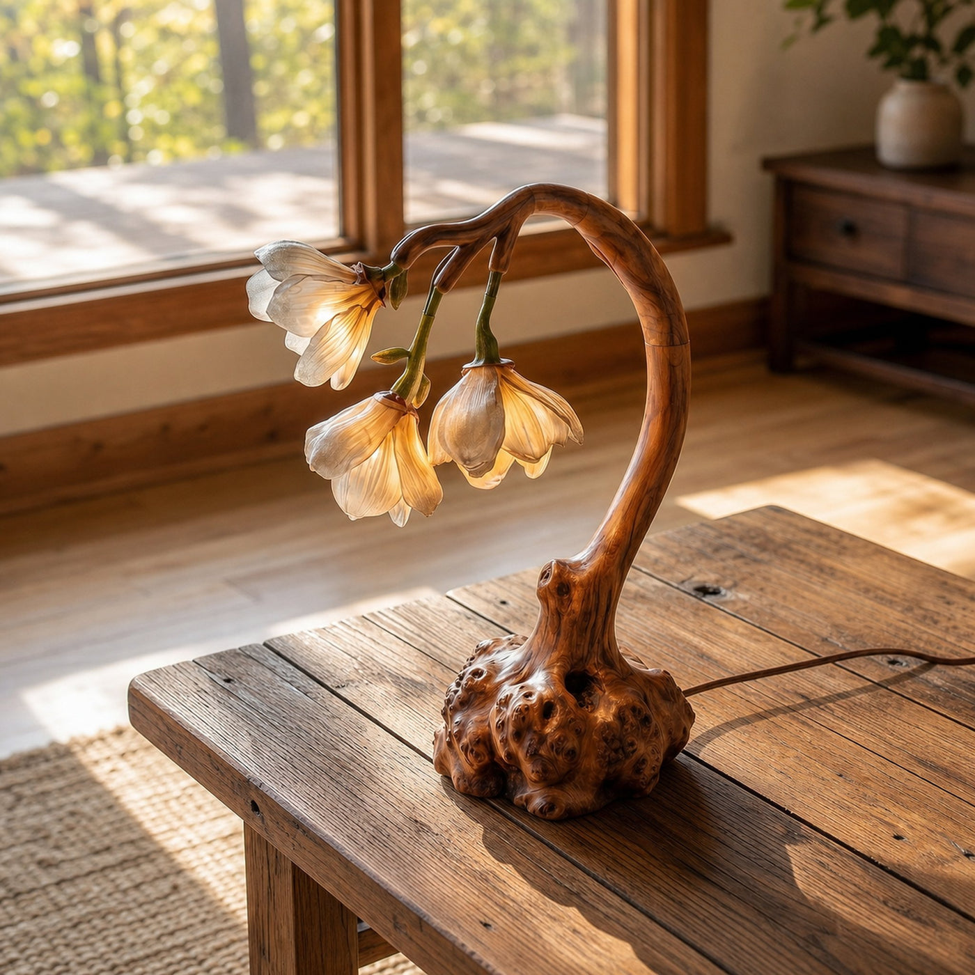 Minimalist Floral Table Lamp With Organic Wood Base For Bedroom And Living Room - product view 3