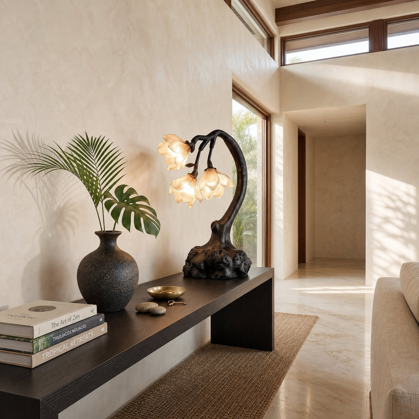 Minimalist Floral Table Lamp With Organic Wood Base For Bedroom And Living Room - product view 4
