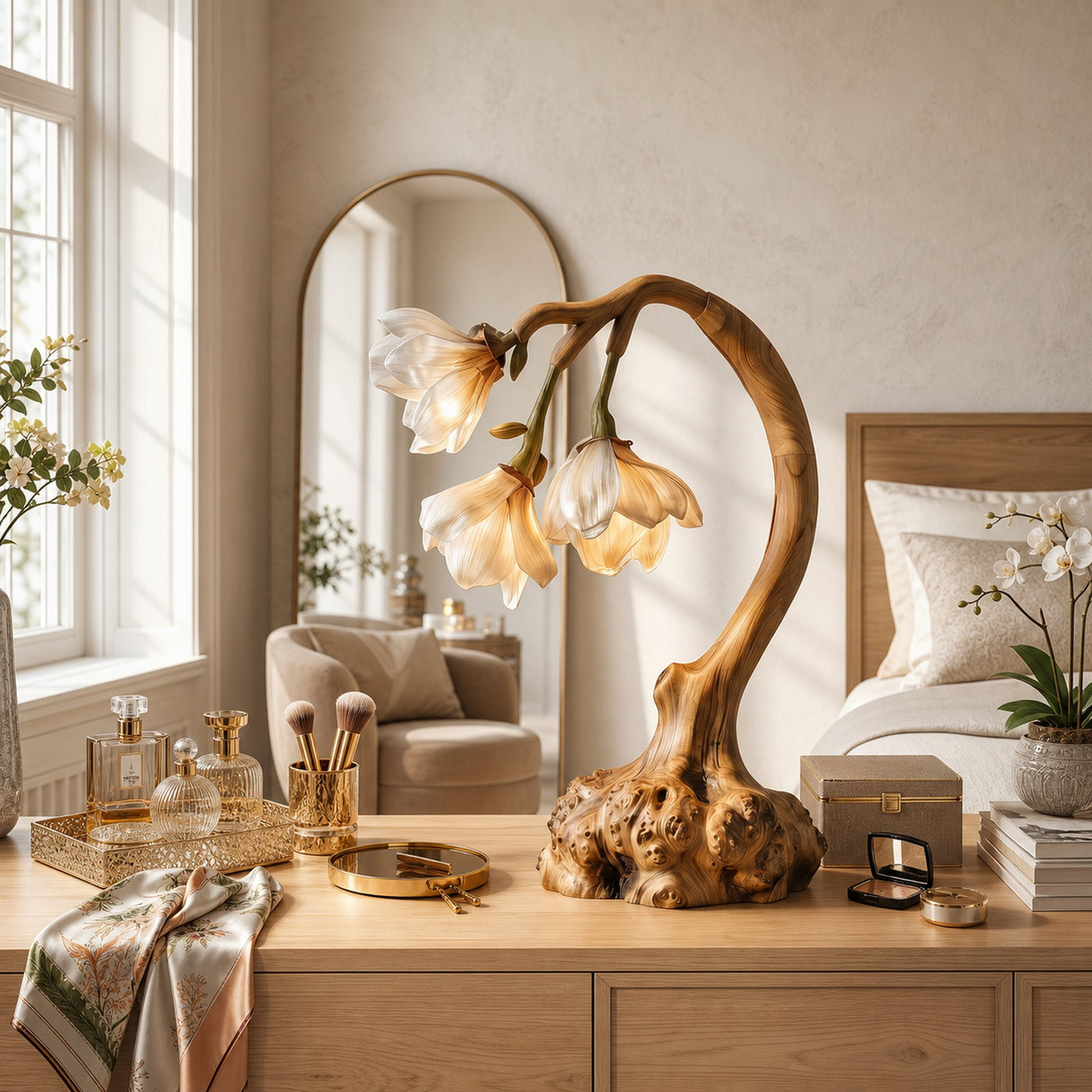 Minimalist Floral Table Lamp With Organic Wood Base For Bedroom And Living Room - product view 5