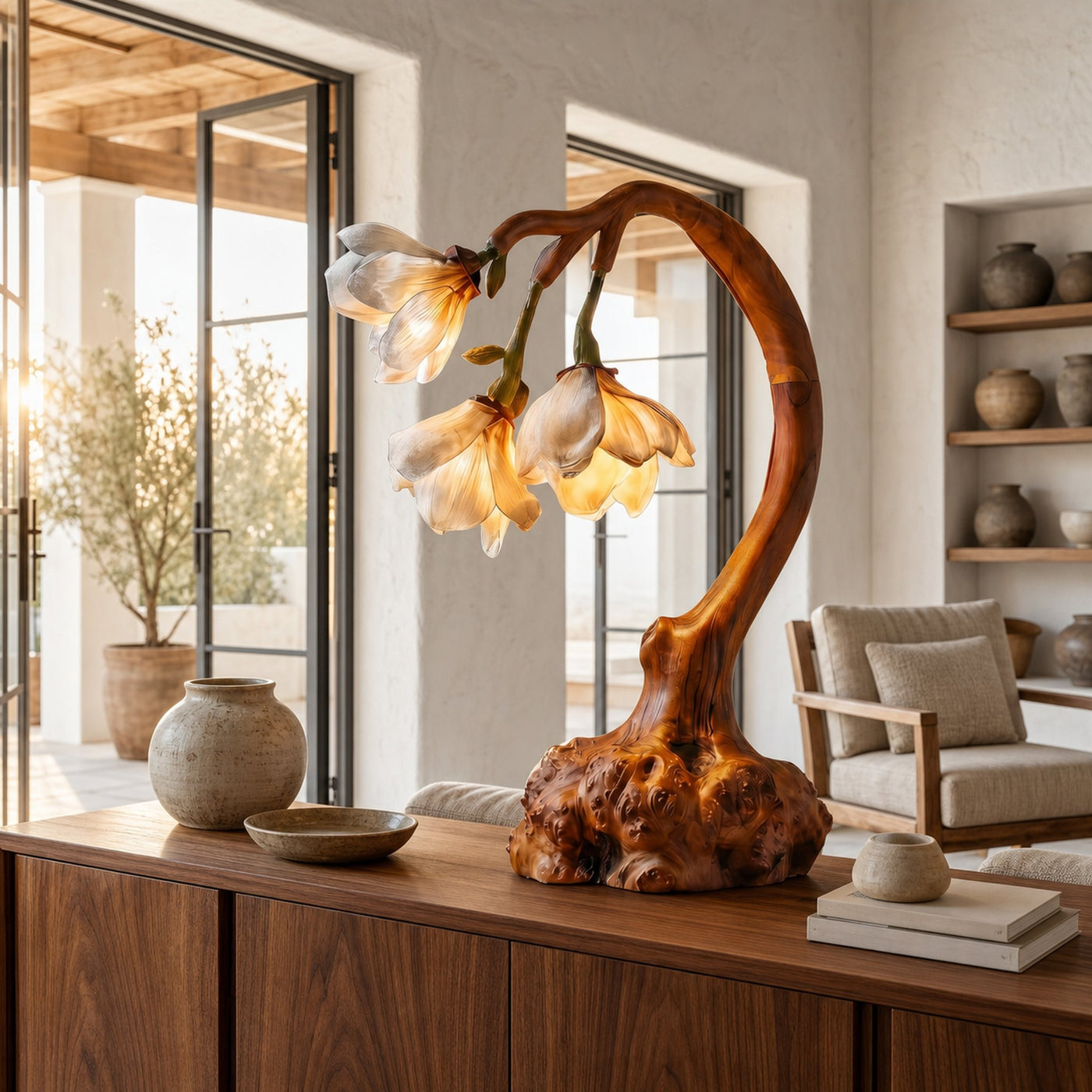 Minimalist Floral Table Lamp With Organic Wood Base For Bedroom And Living Room - product view 6