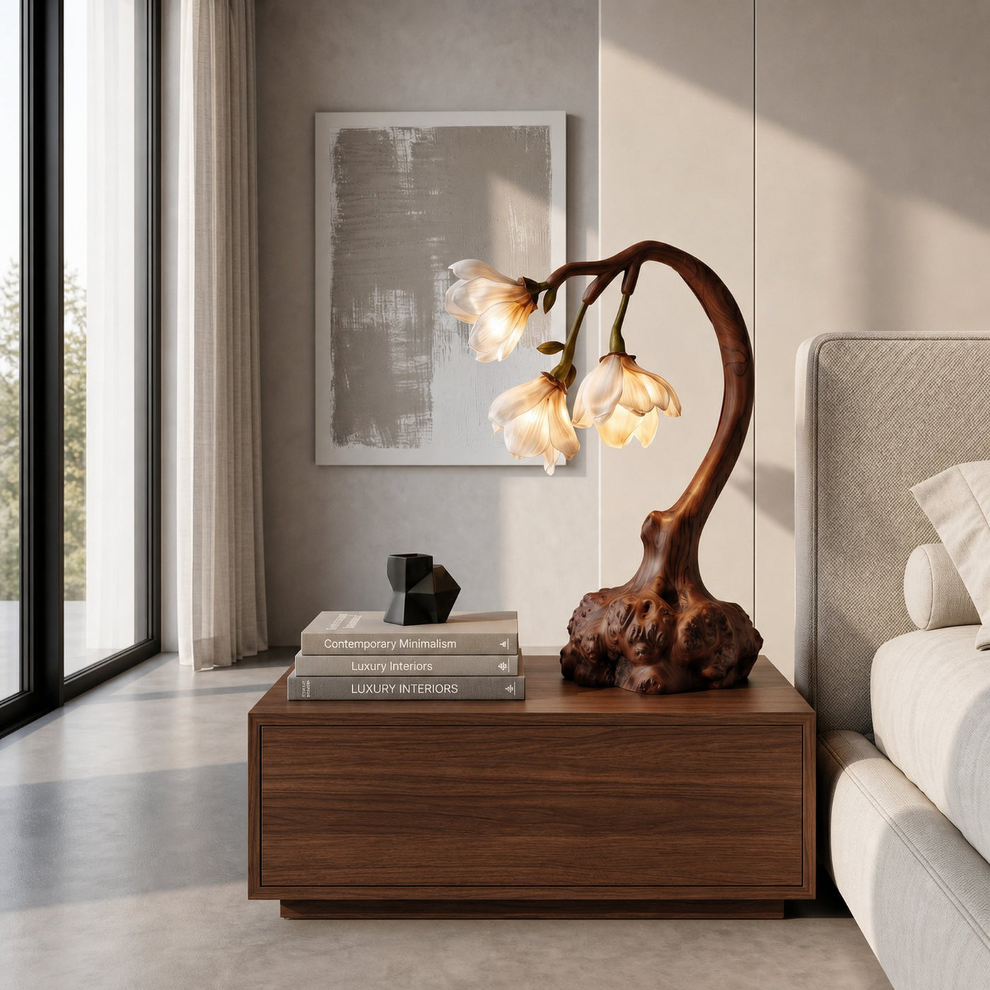 Minimalist Floral Table Lamp With Organic Wood Base For Bedroom And Living Room - product view 7