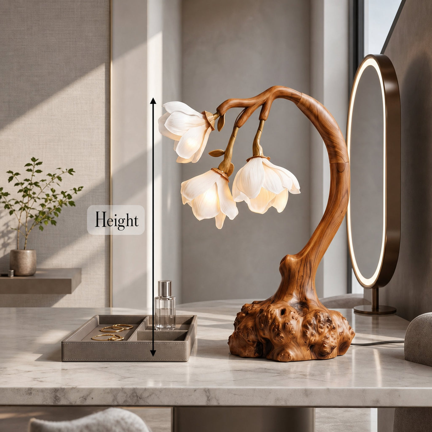 Minimalist Floral Table Lamp With Organic Wood Base For Bedroom And Living Room - product view 8