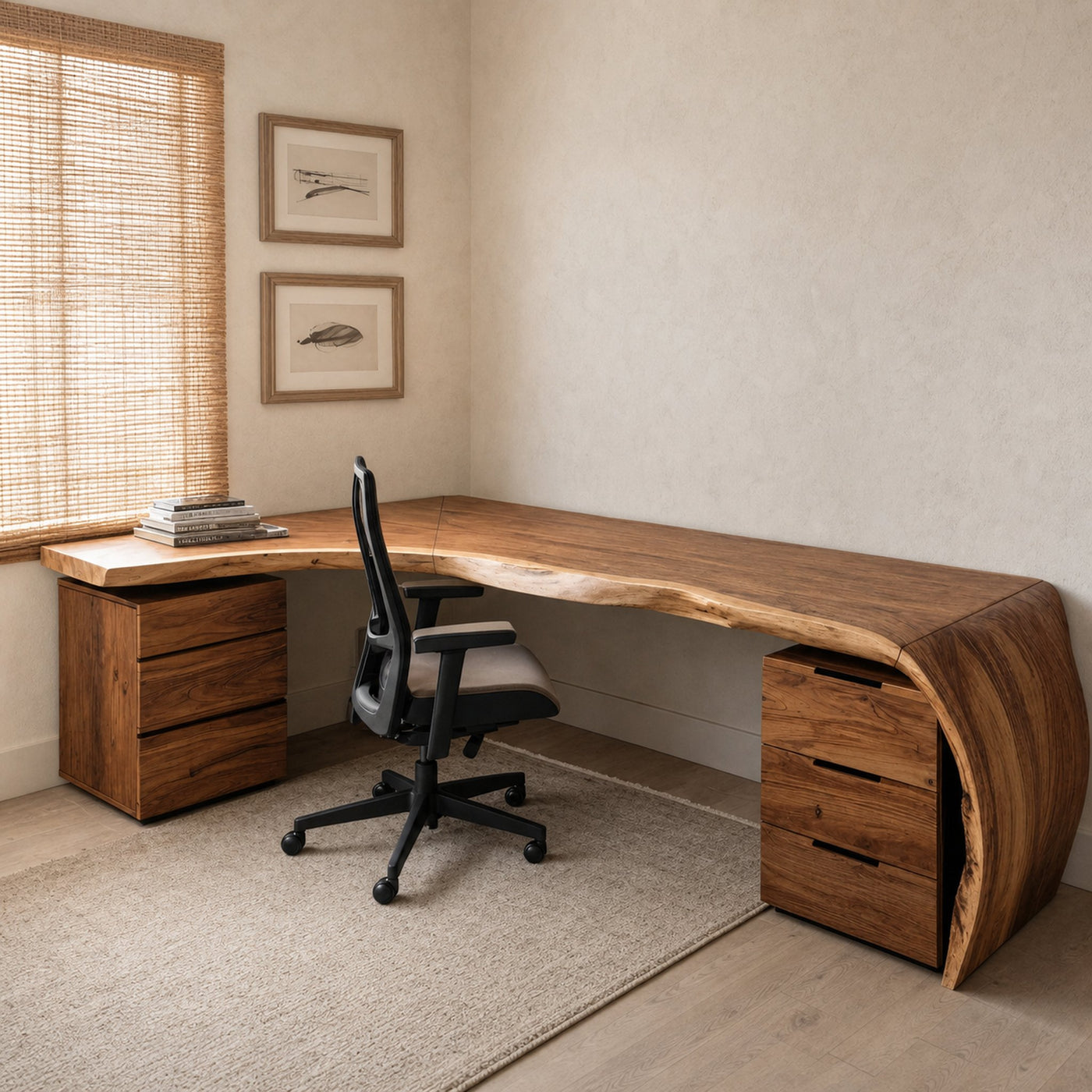 Minimalist Live Edge L Shaped Desk With Drawers For Workspace