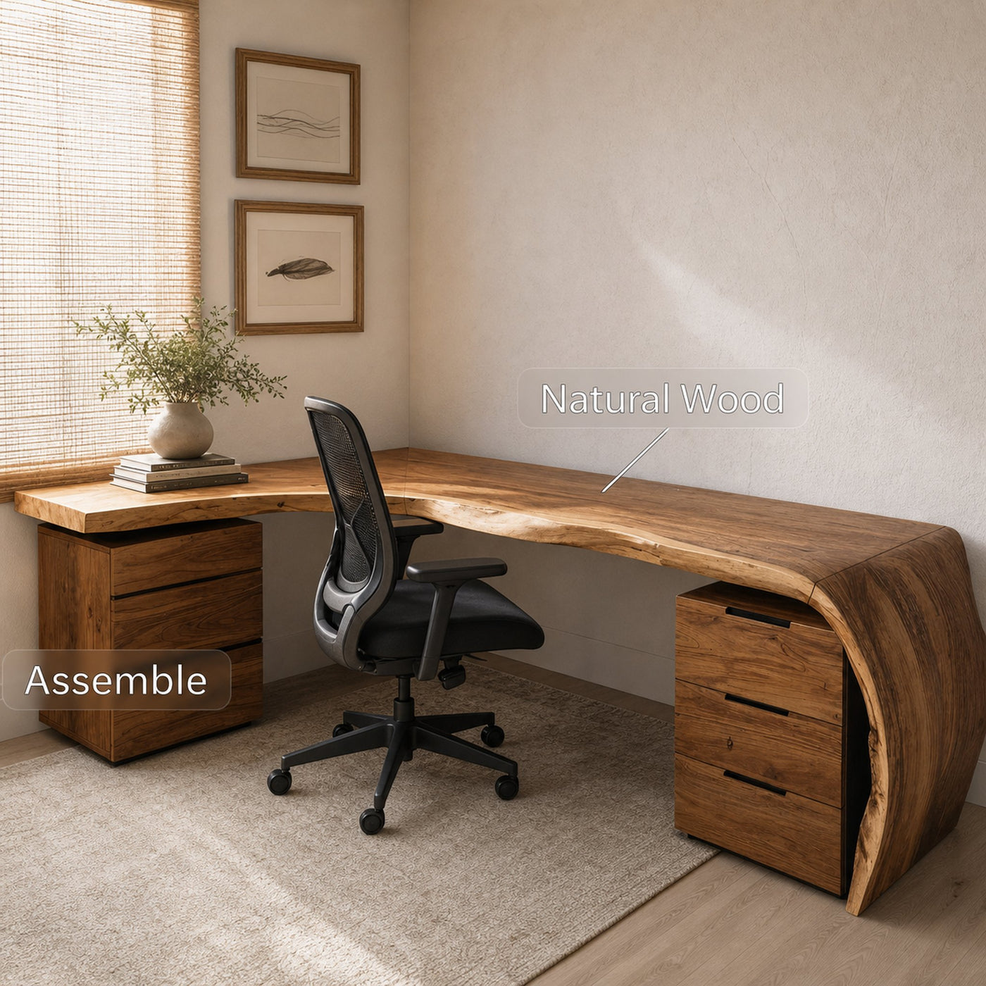 Minimalist Live Edge L Shaped Desk With Drawers For Workspace - product view 5