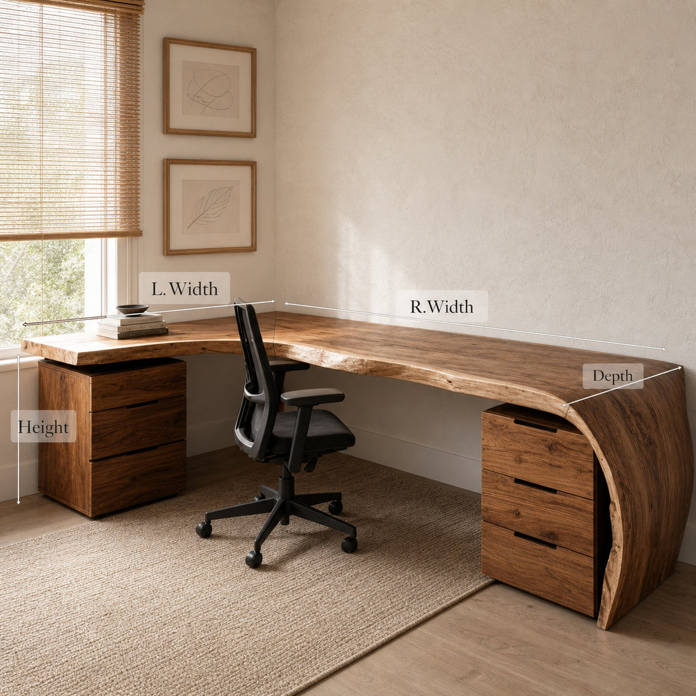 Minimalist Live Edge L Shaped Desk With Drawers For Workspace - product view 7