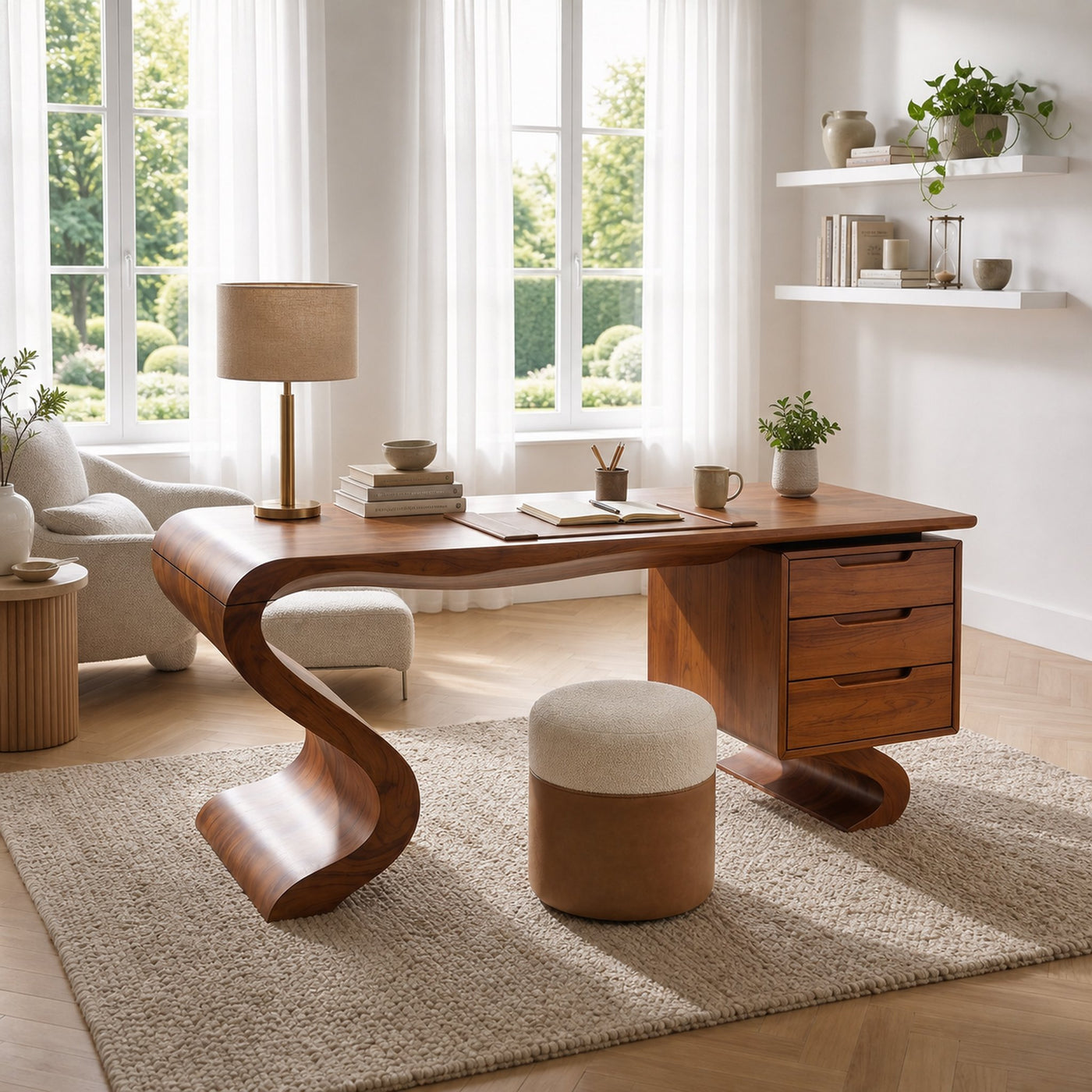 Minimalist Organic Desk With Open Shelf For Studio