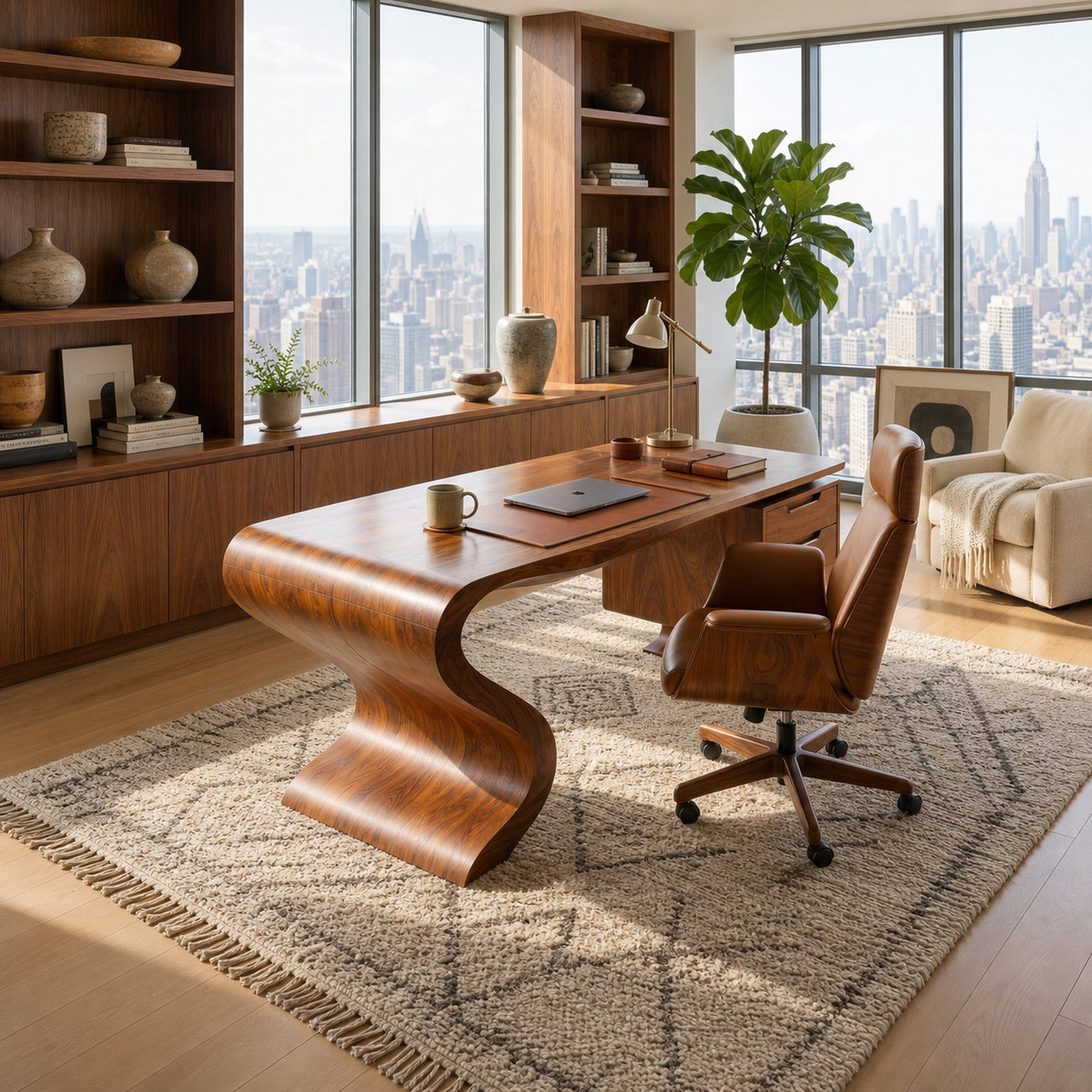 Minimalist Organic Desk With Open Shelf For Studio - product view 3