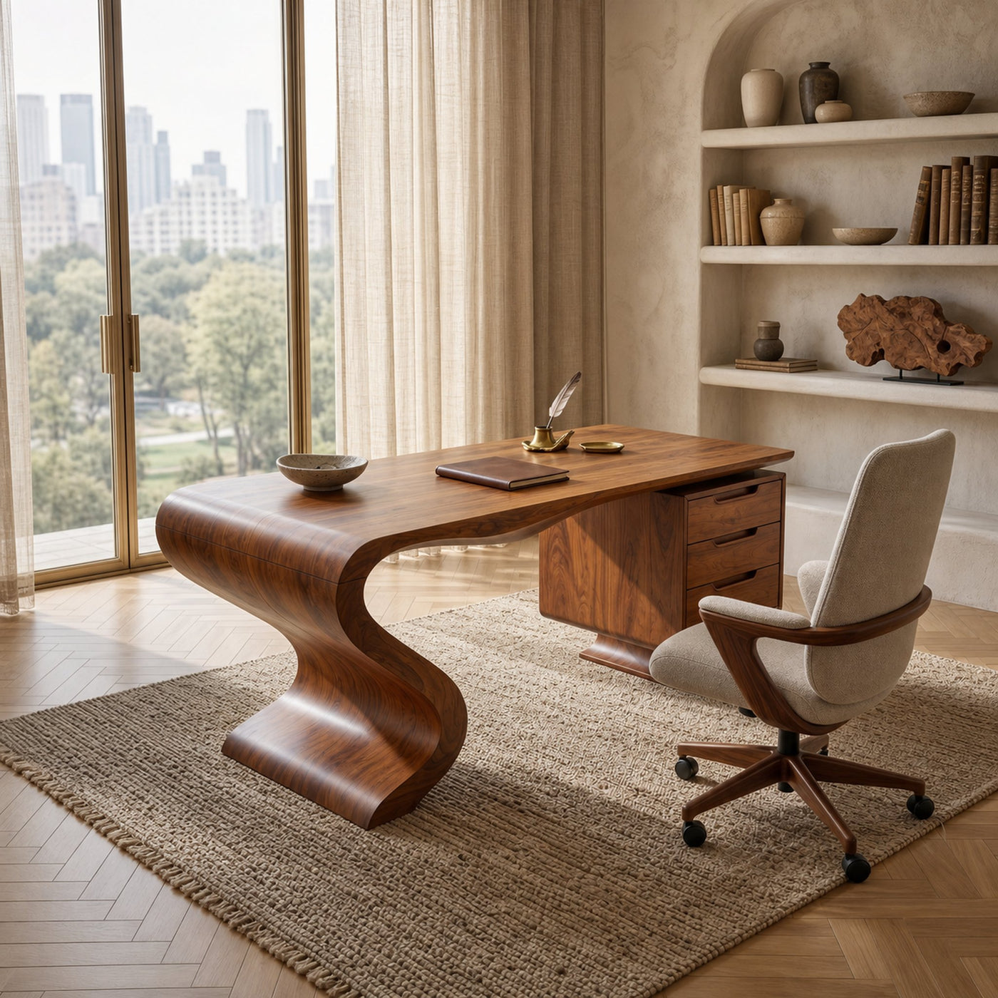 Minimalist Organic Desk With Open Shelf For Studio - product view 6