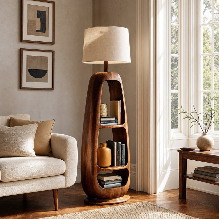 Minimalist Wooden Floor Lamp With Multiple Shelves For Living Decor