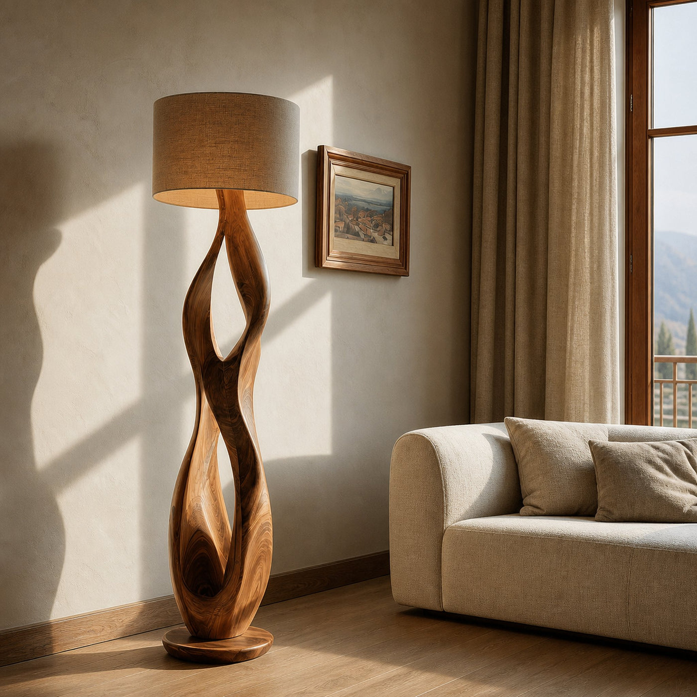 Minimalist Wooden Lamp With Drum Shade For Bedroom
