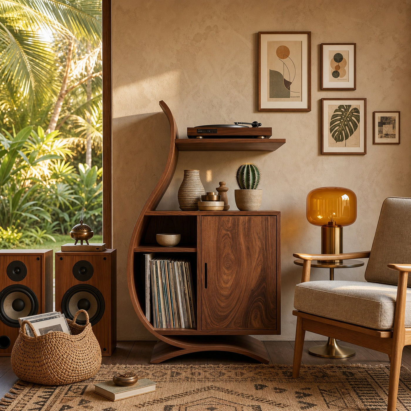 Minimalist Wooden Undulating Record Player Stand For Home Decor