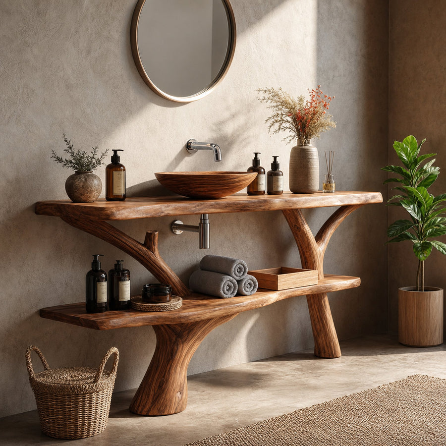 Modern Bathroom Vanity Solid Wood With Open Shelf For Minimal Bath