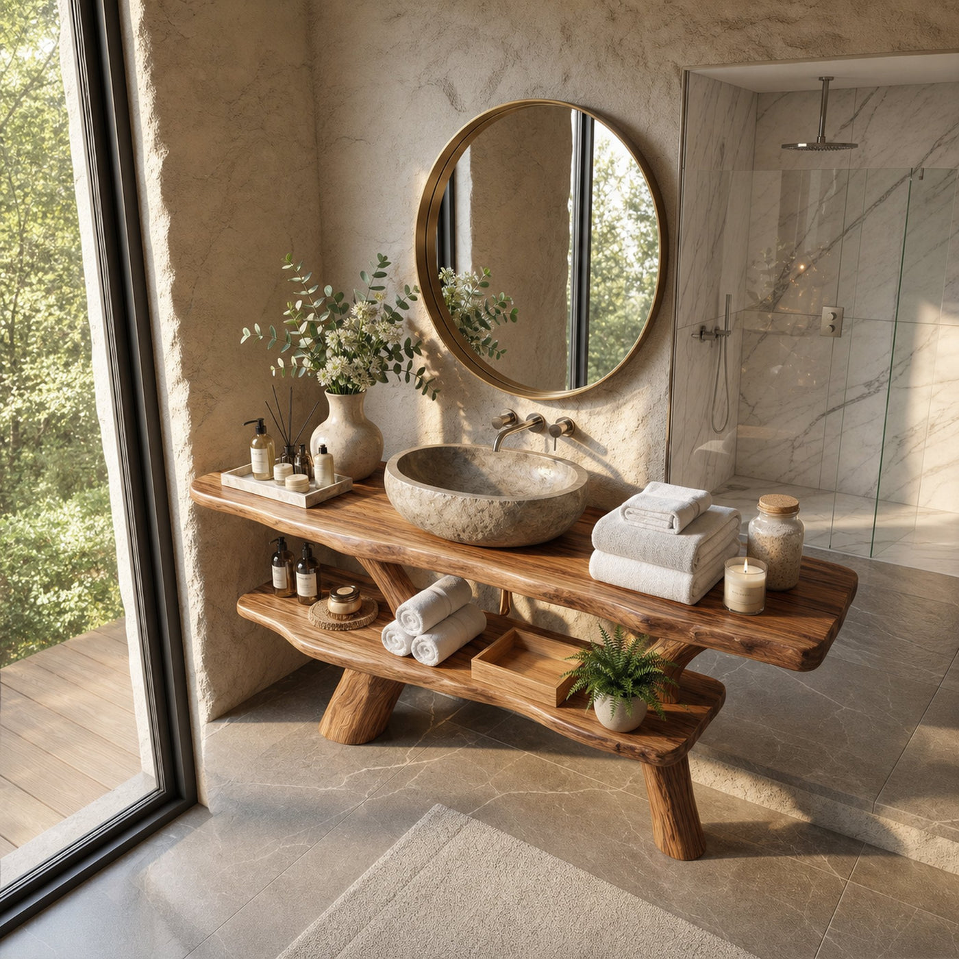 Modern Bathroom Vanity Solid Wood With Open Shelf For Minimal Bath - product view 4