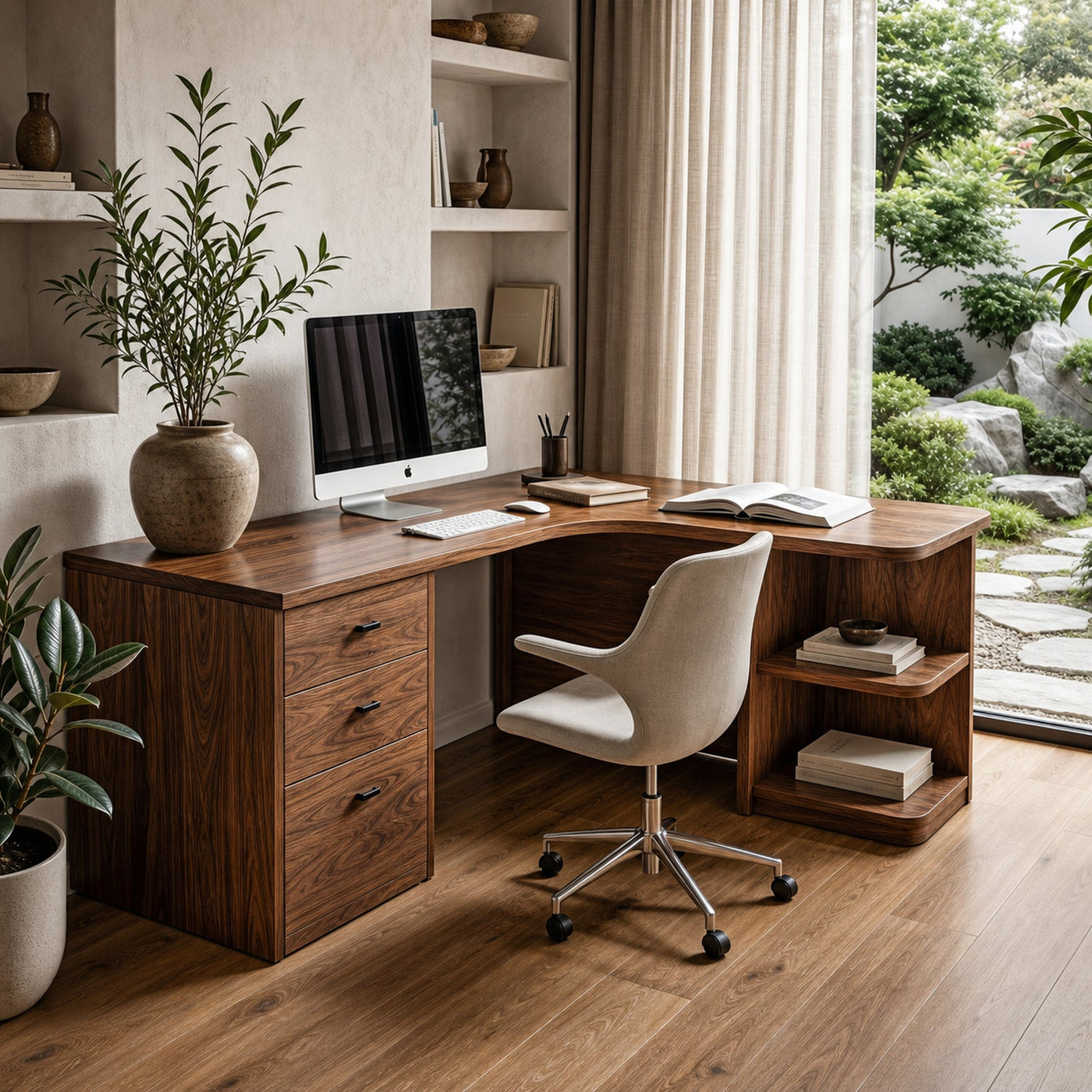 Modern Corner Desk With Built In Drawer Storage And Open Shelves For Home Office And Workspace