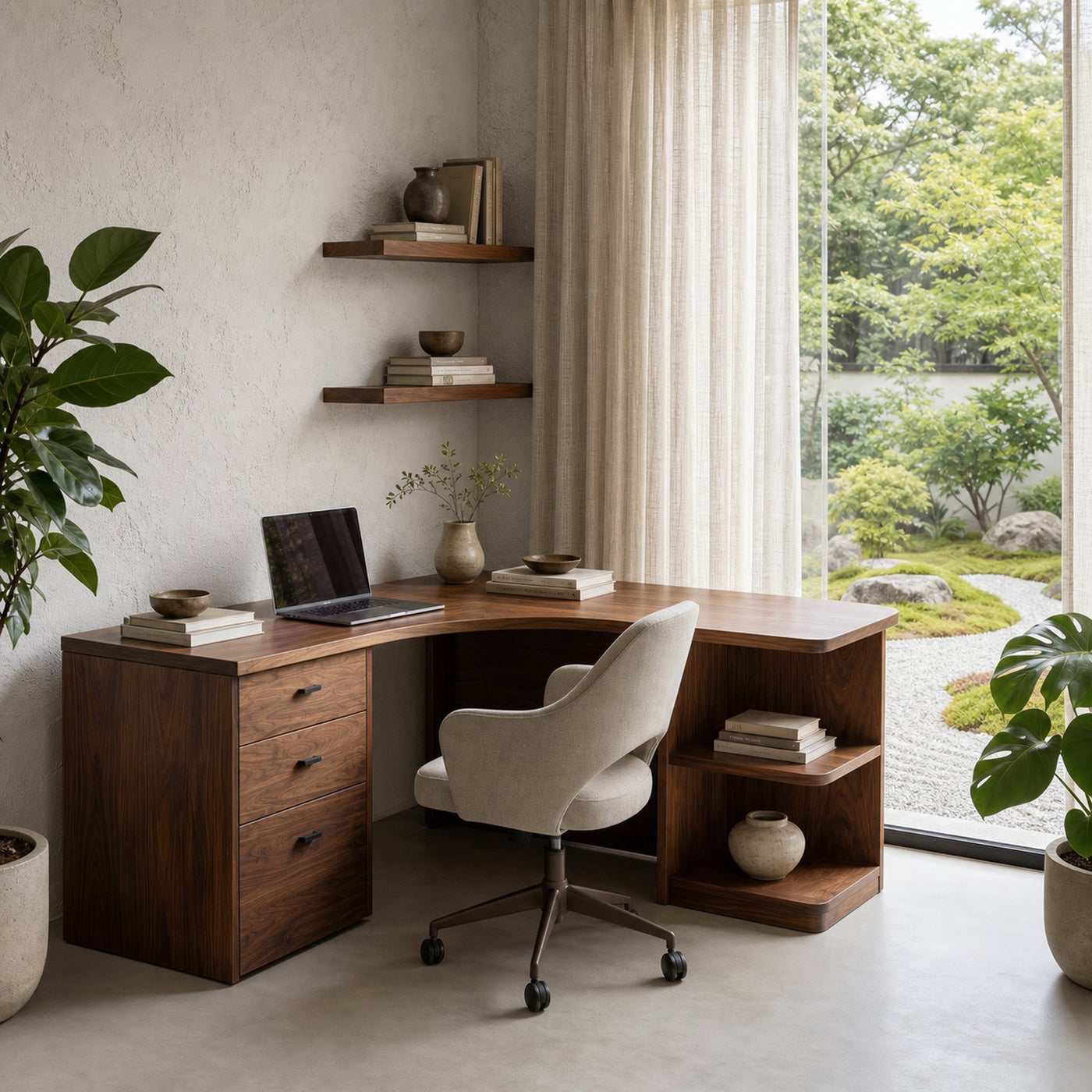 Modern Corner Desk With Built In Drawer Storage And Open Shelves For Home Office And Workspace - product view 2