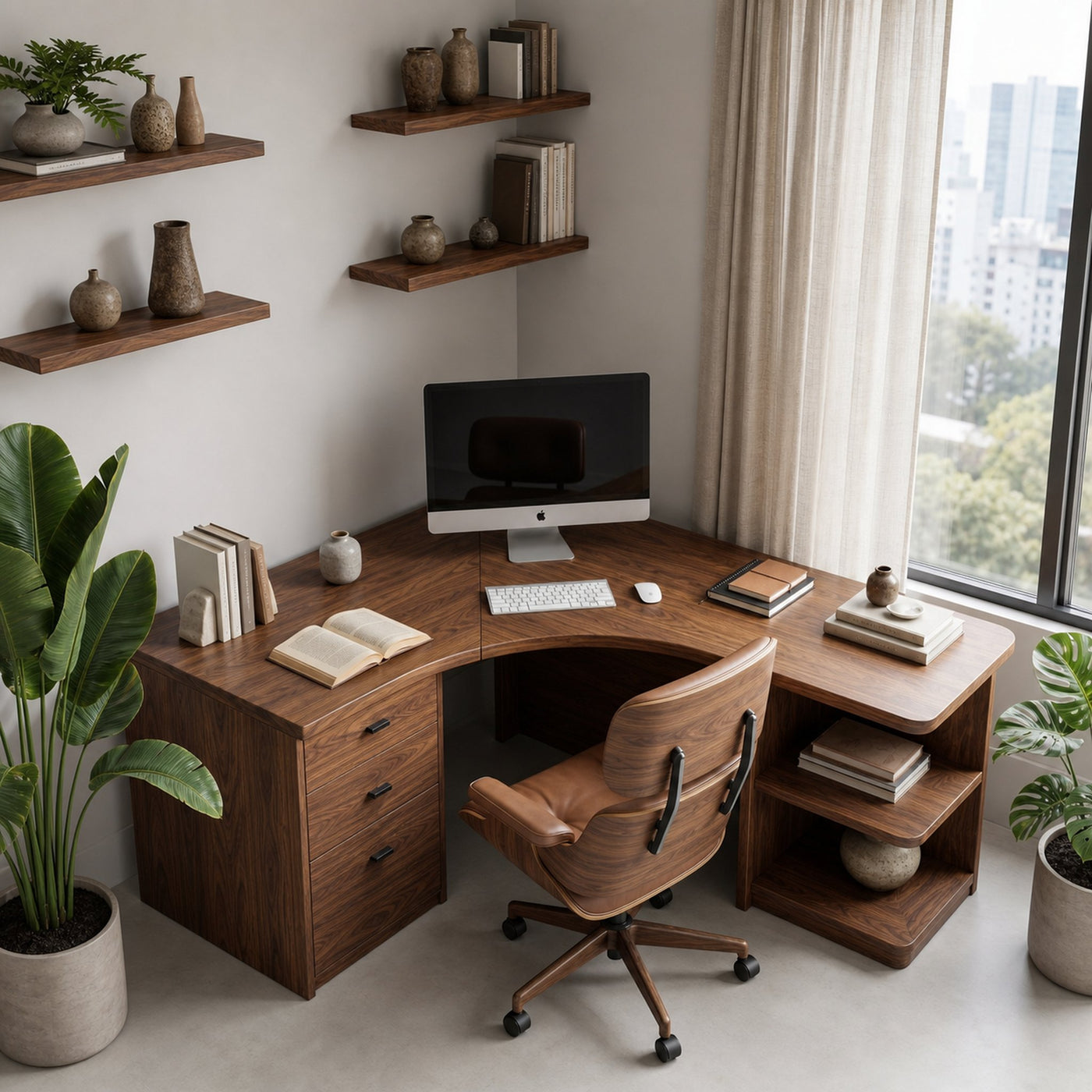 Modern Corner Desk With Built In Drawer Storage And Open Shelves For Home Office And Workspace - product view 3