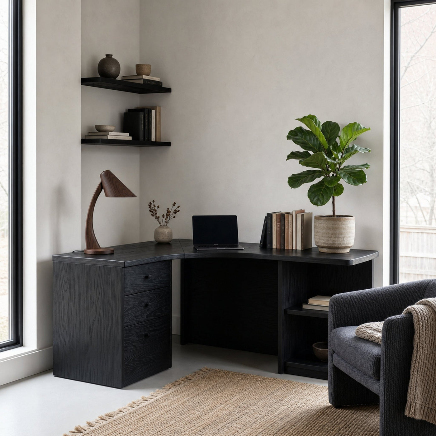 Modern Corner Desk With Built In Drawer Storage And Open Shelves For Home Office And Workspace - product view 4