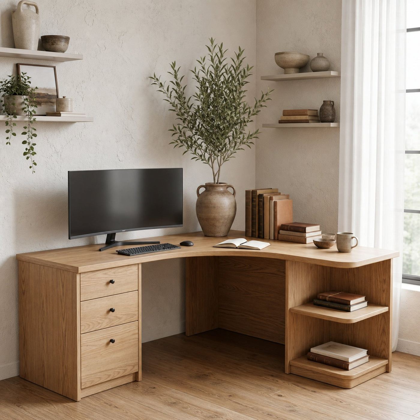 Modern Corner Desk With Built In Drawer Storage And Open Shelves For Home Office And Workspace - product view 5