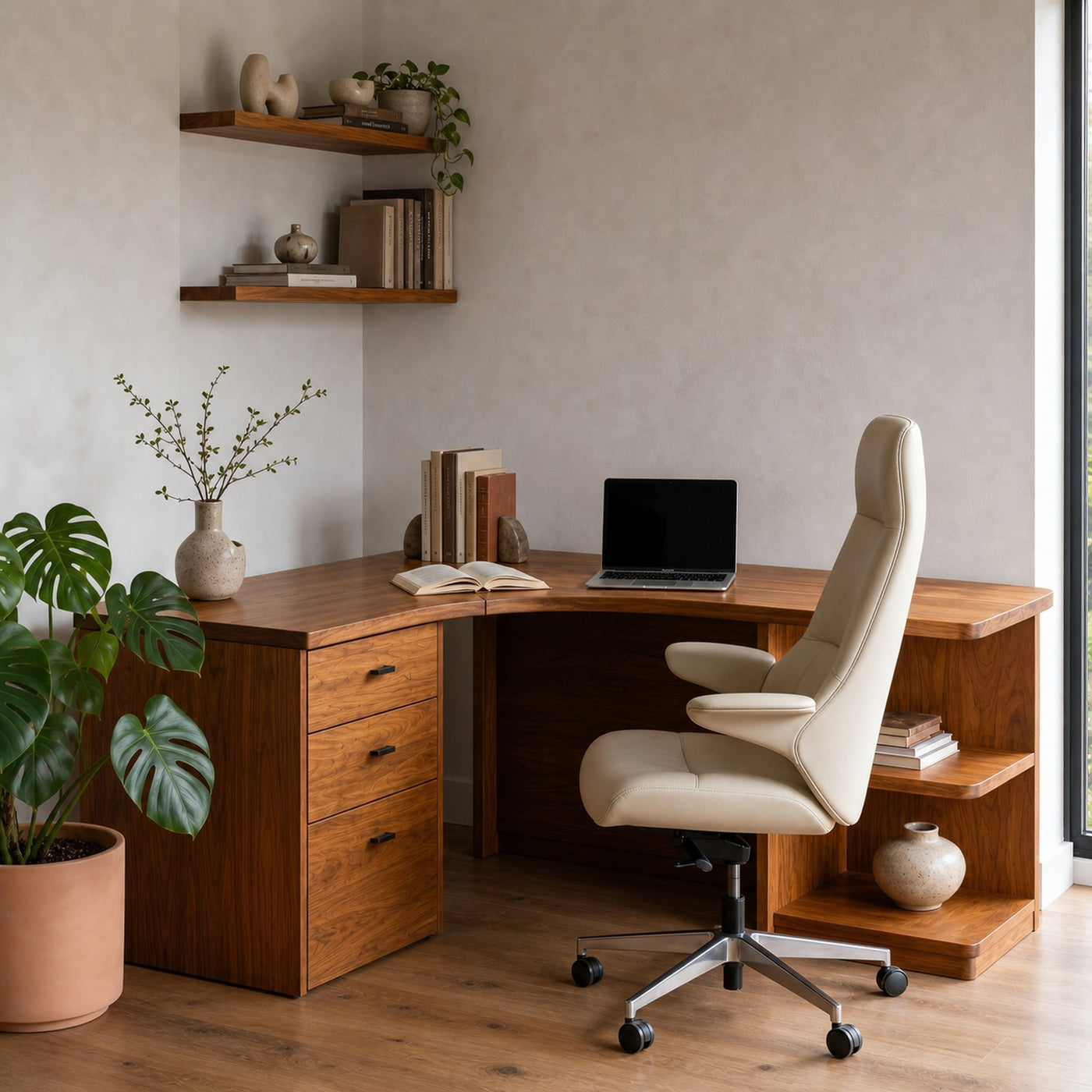 Modern Corner Desk With Built In Drawer Storage And Open Shelves For Home Office And Workspace - product view 6