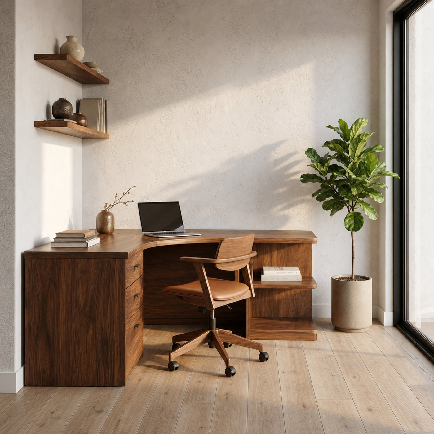 Modern Corner Desk With Built In Drawer Storage And Open Shelves For Home Office And Workspace - product view 7