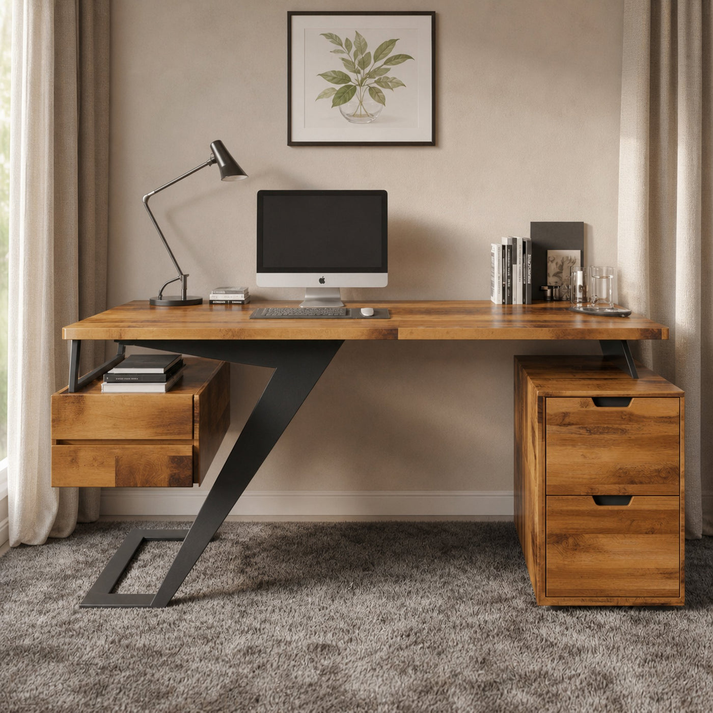 Modern Desk With Z Frame And Drawers For Home Office