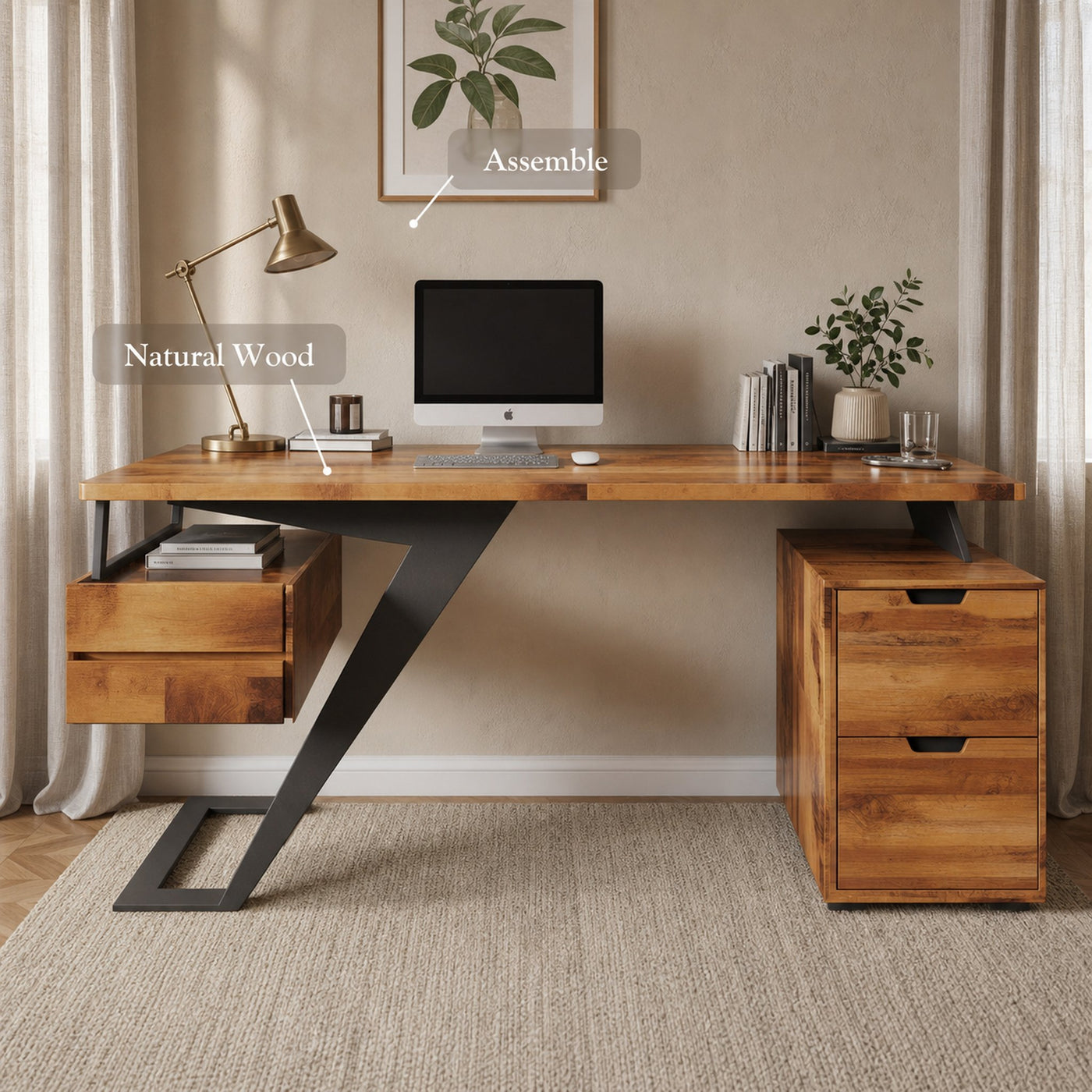 Modern Desk With Z Frame And Drawers For Home Office - product view 2