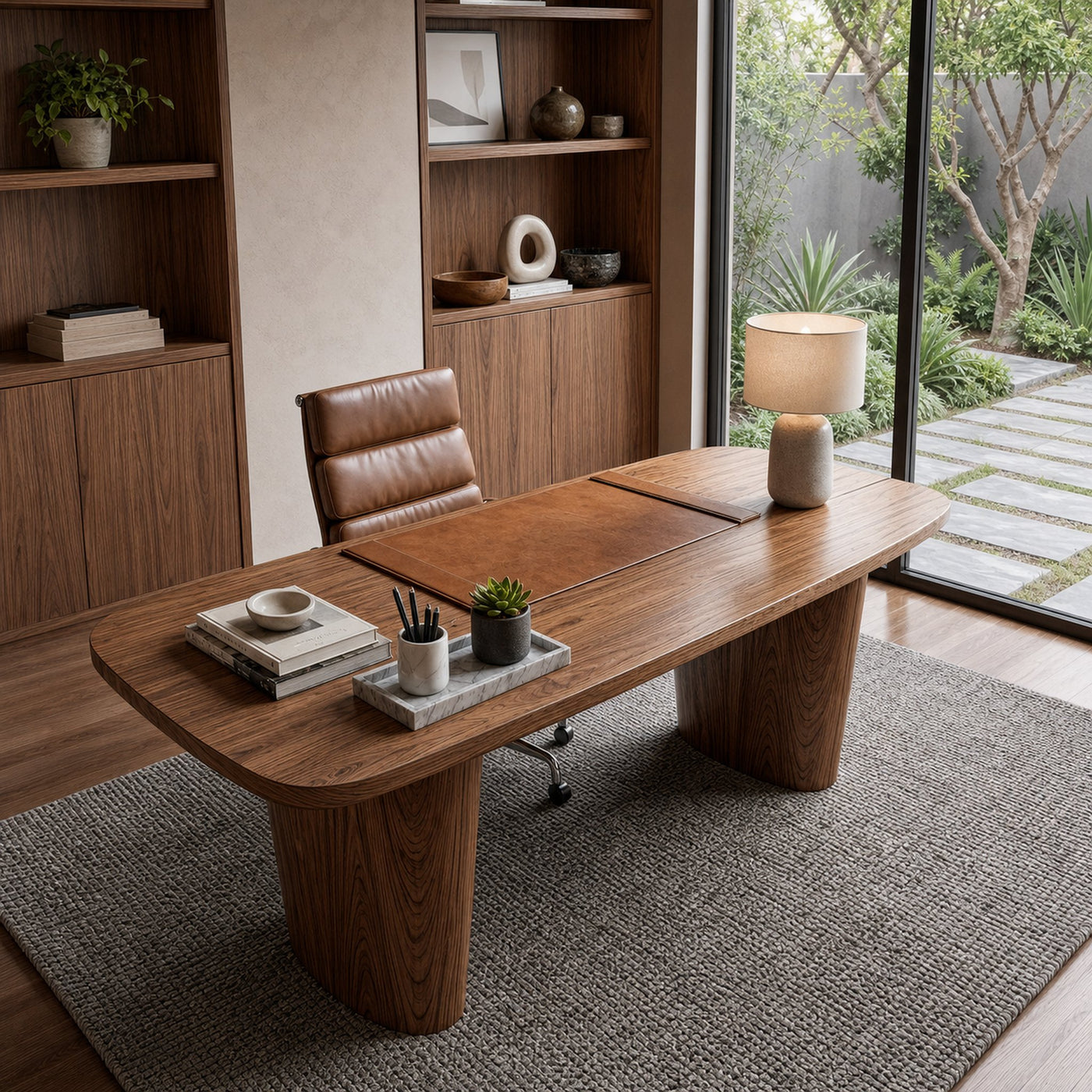 Modern Executive Wooden Desk With Sculptural Solid Wood Base For Home Office And Workspace