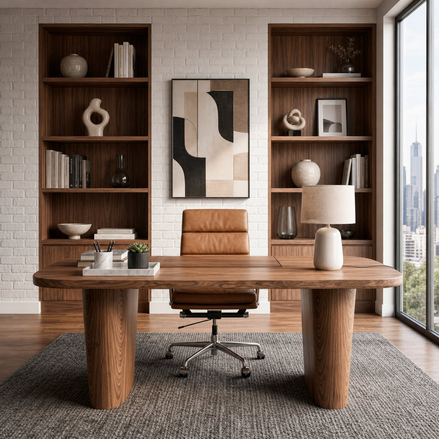 Modern Executive Wooden Desk With Sculptural Solid Wood Base For Home Office And Workspace - product view 2