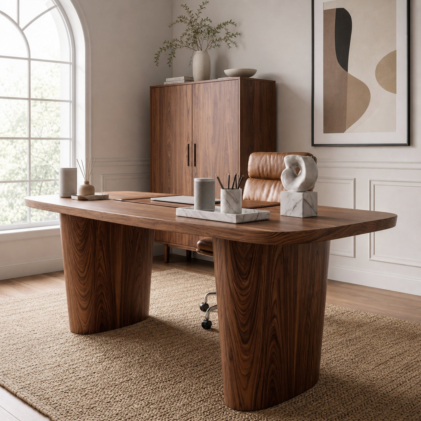 Modern Executive Wooden Desk With Sculptural Solid Wood Base For Home Office And Workspace - product view 3