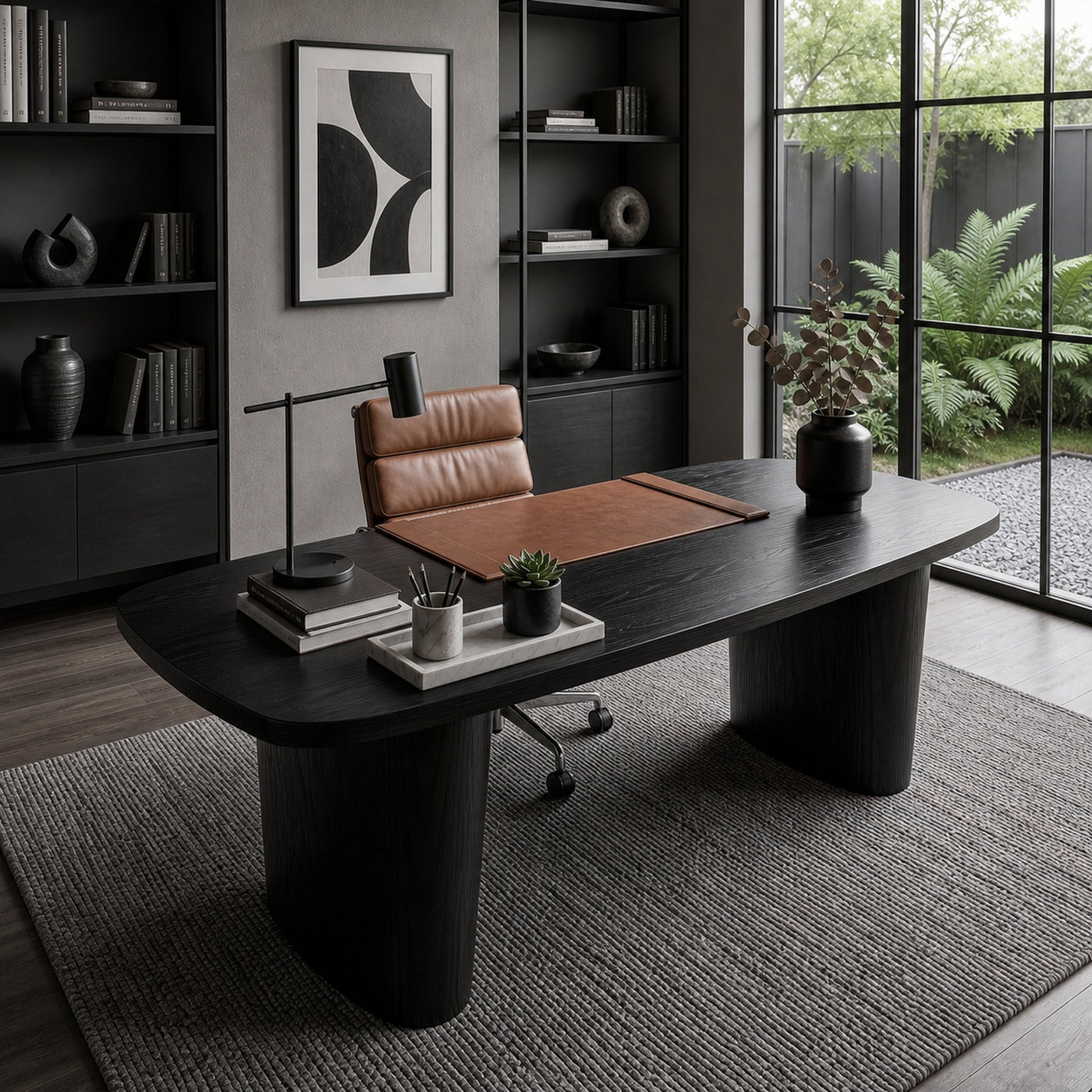 Modern Executive Wooden Desk With Sculptural Solid Wood Base For Home Office And Workspace - product view 4
