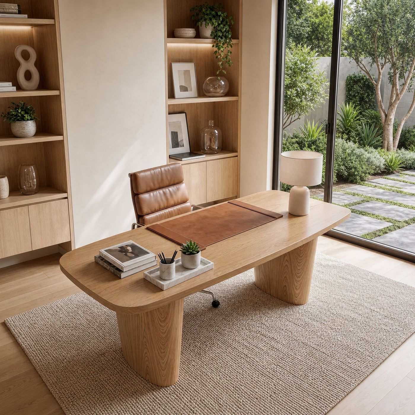 Modern Executive Wooden Desk With Sculptural Solid Wood Base For Home Office And Workspace - product view 5